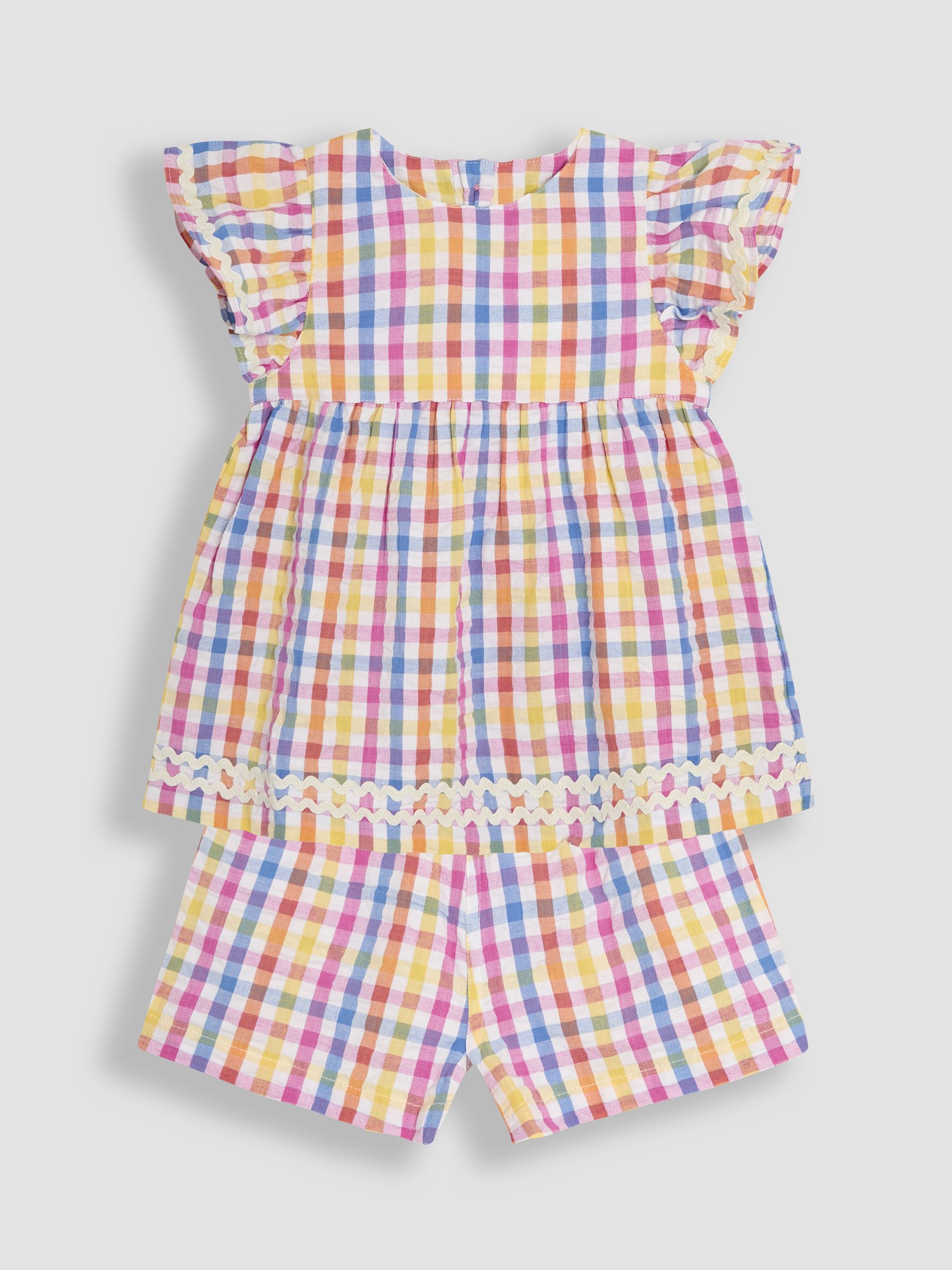 Rainbow 2-Piece Gingham Angel Sleeve Blouse & Shorts Set