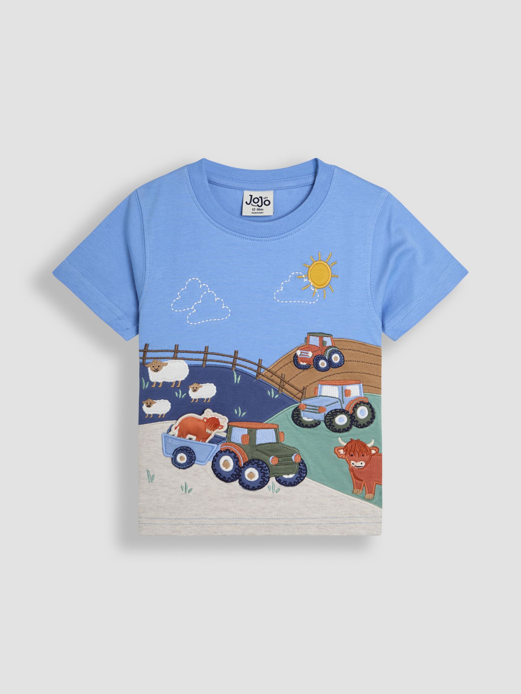 Blue Farm Scene Interactive Appliqué 100% Cotton T-Shirt