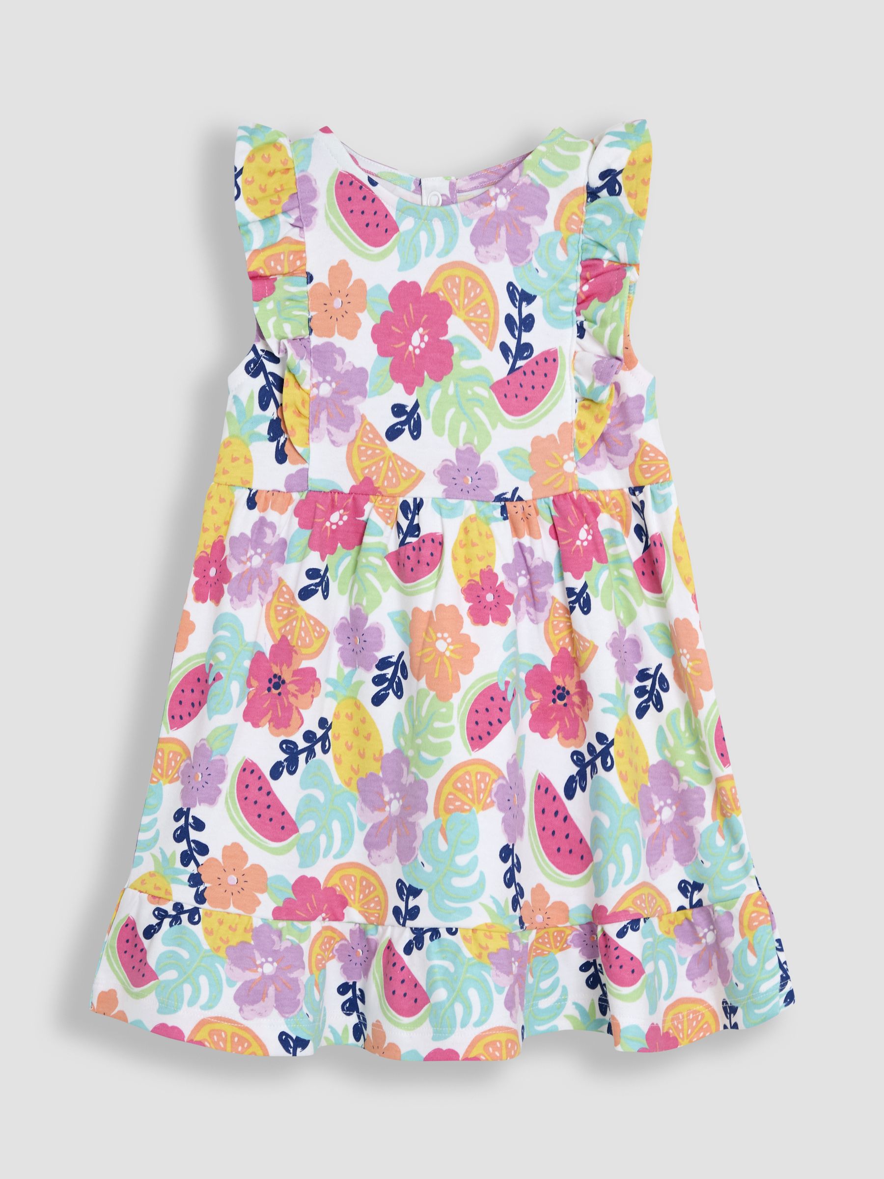 Coral Pink Jungle Floral Frill Shoulder Summer Dress