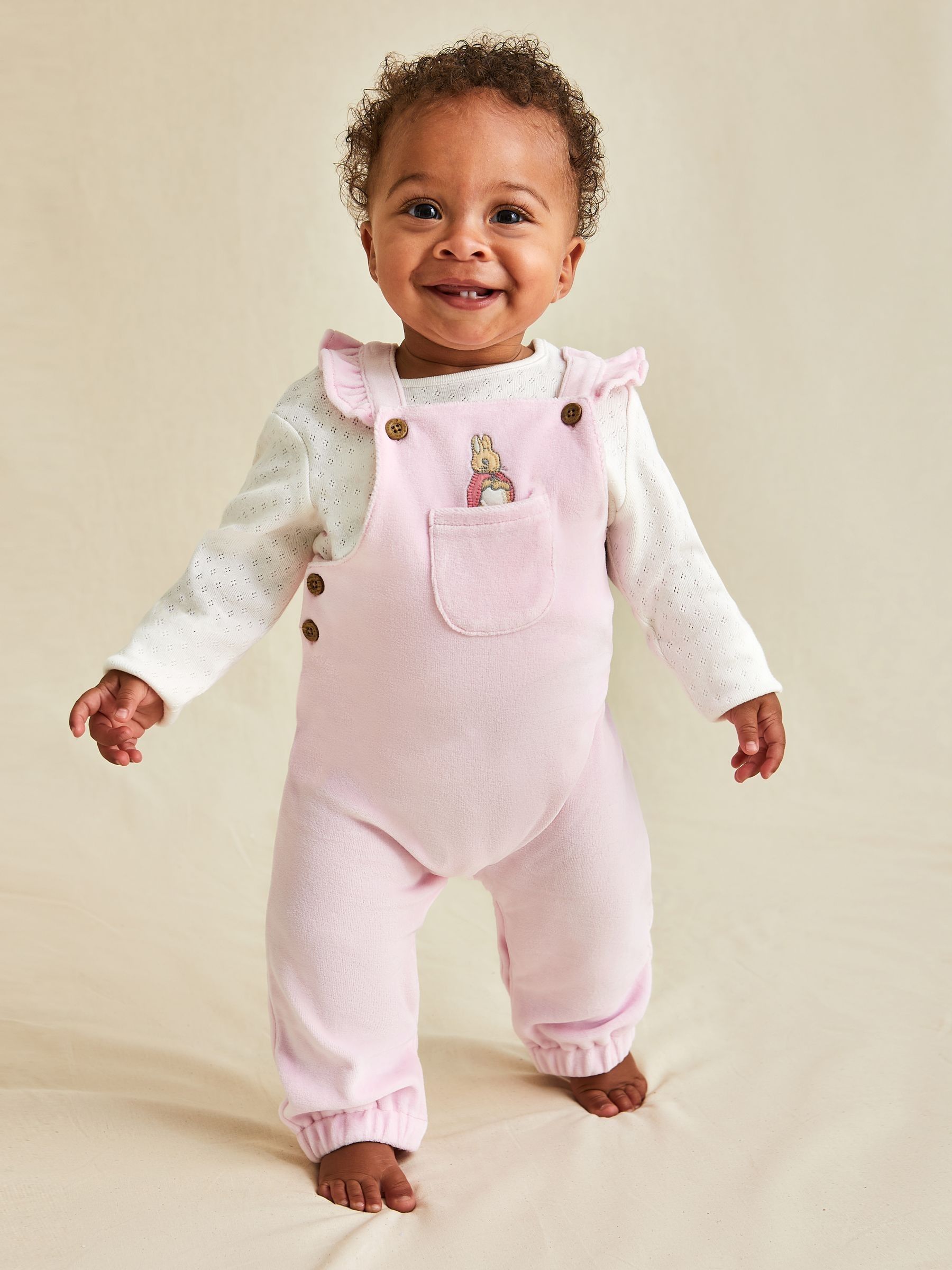 Pink Peter Rabbit Appliqué Velour Dungarees and Body Set