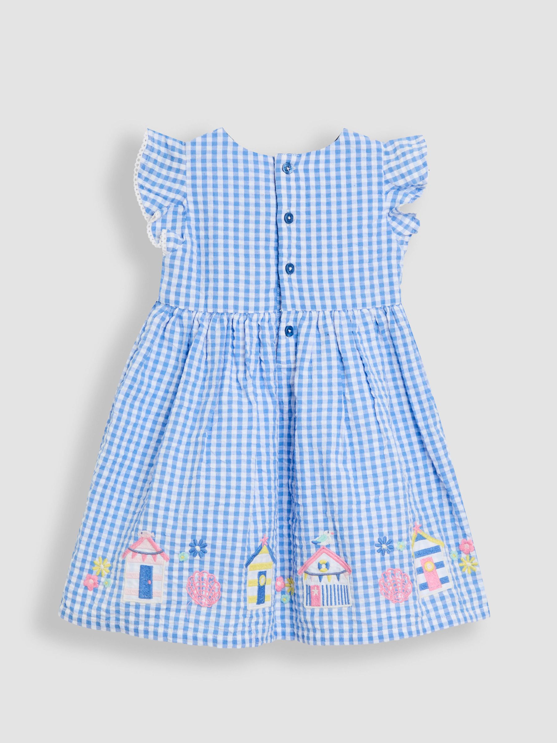Blue Beach Huts Appliqué Gingham Summer Dress