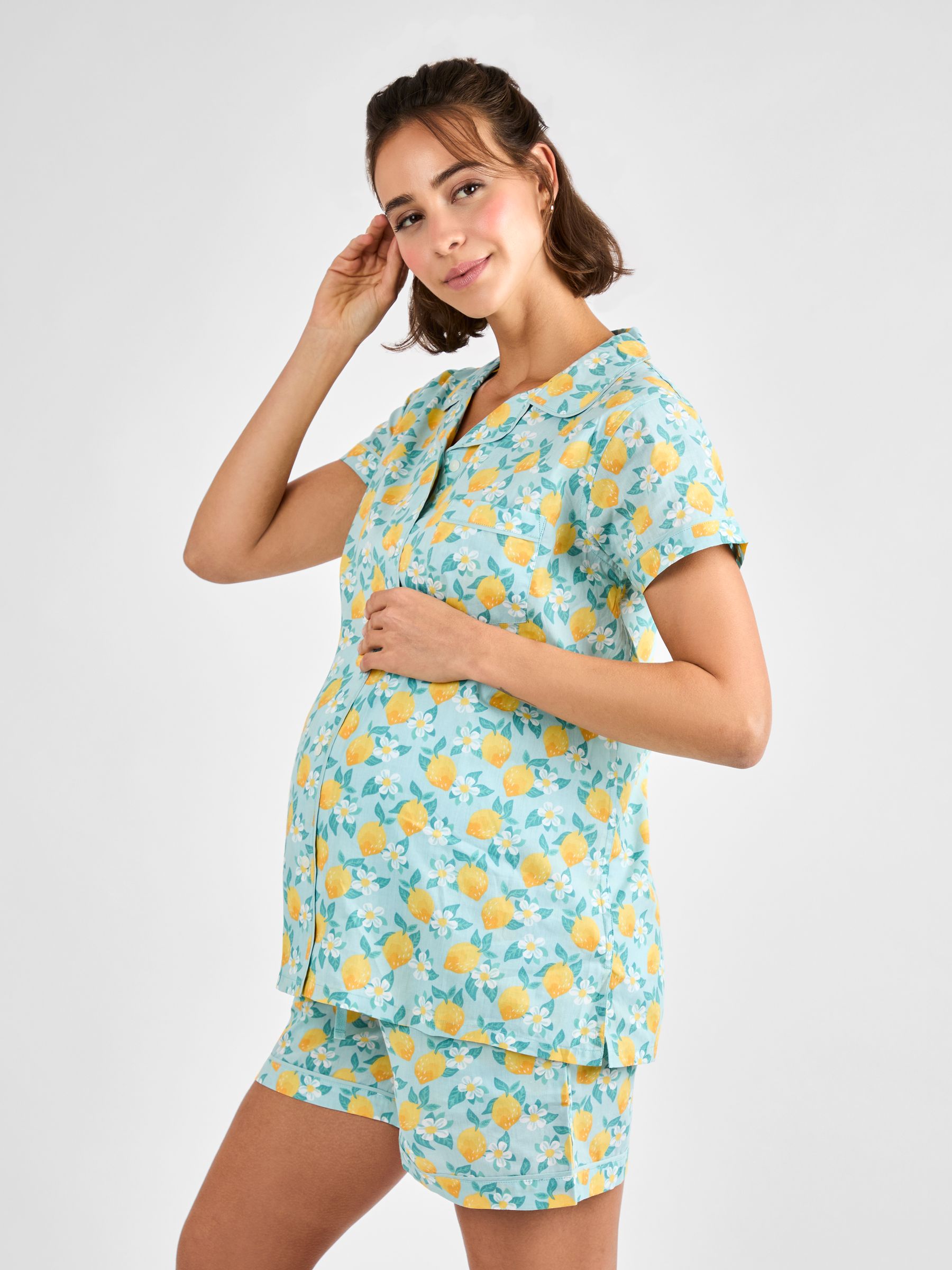 Blue Lemon Print Maternity Short Pyjamas Set
