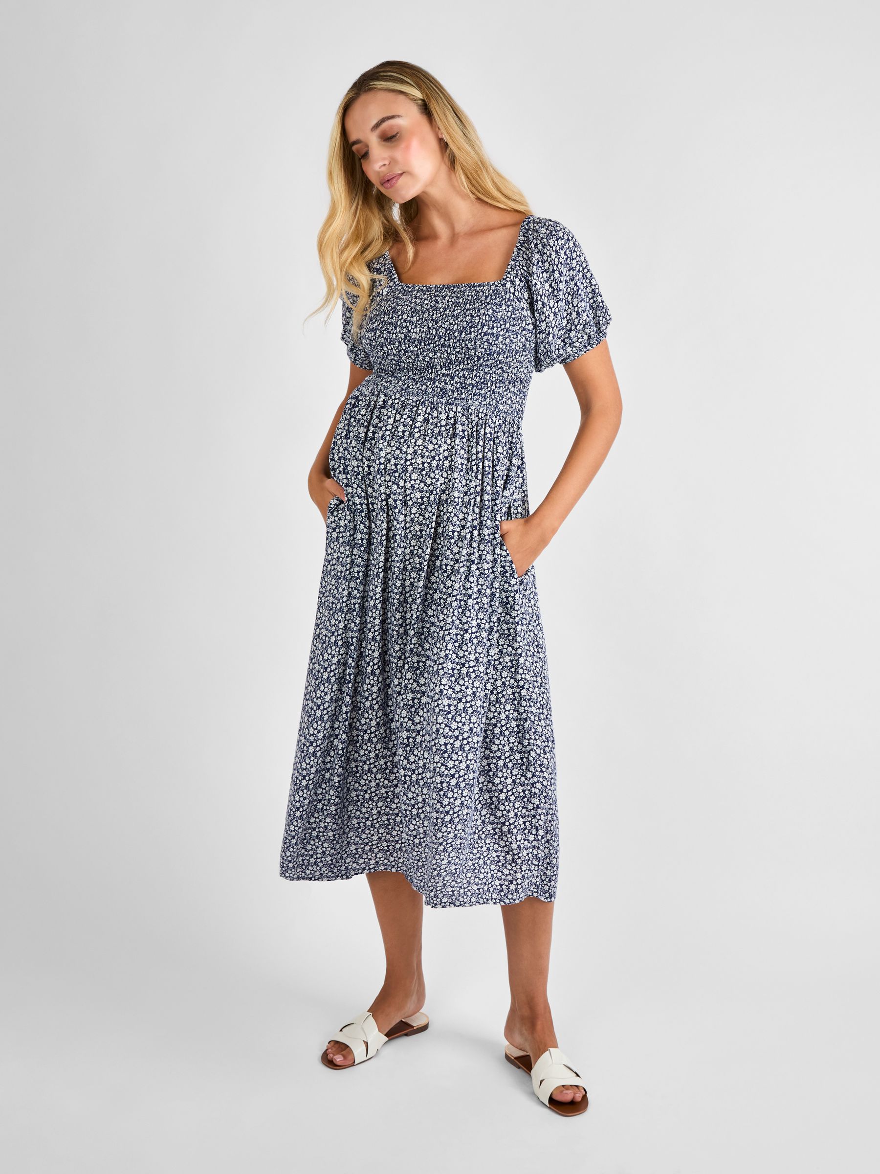 Navy Blue Ditsy Shirred Maternity Midi Dress