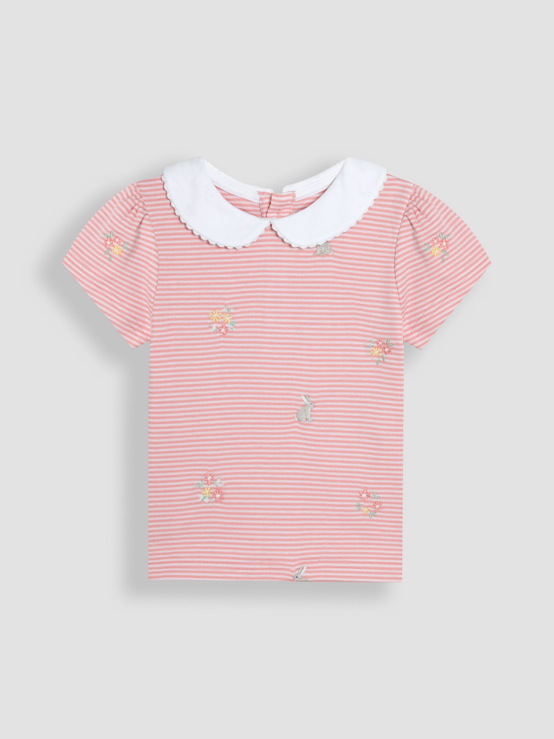Pink Bunny Floral Embroidered Peter Pan Collar T-Shirt