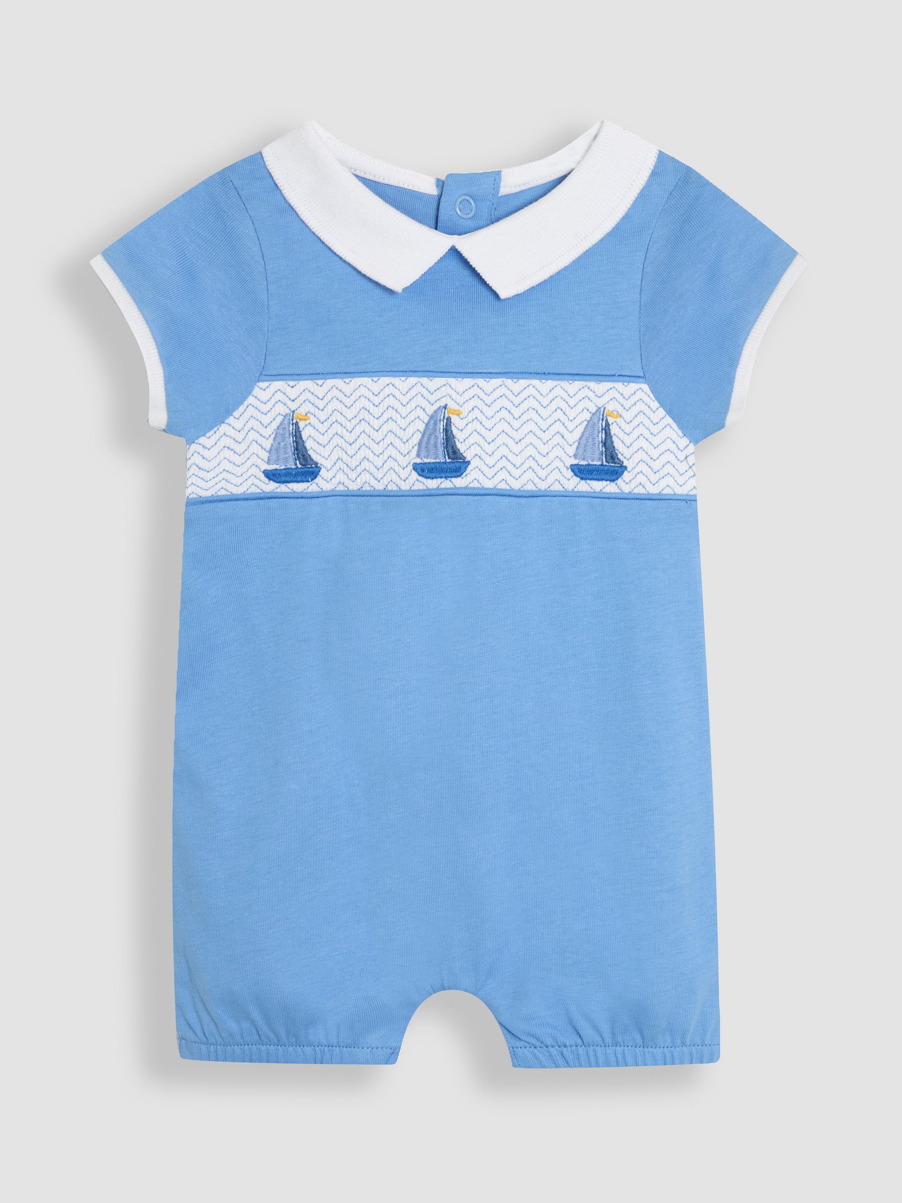 Blue Boat Nautical Embroidered Smocked 100% Cotton Romper