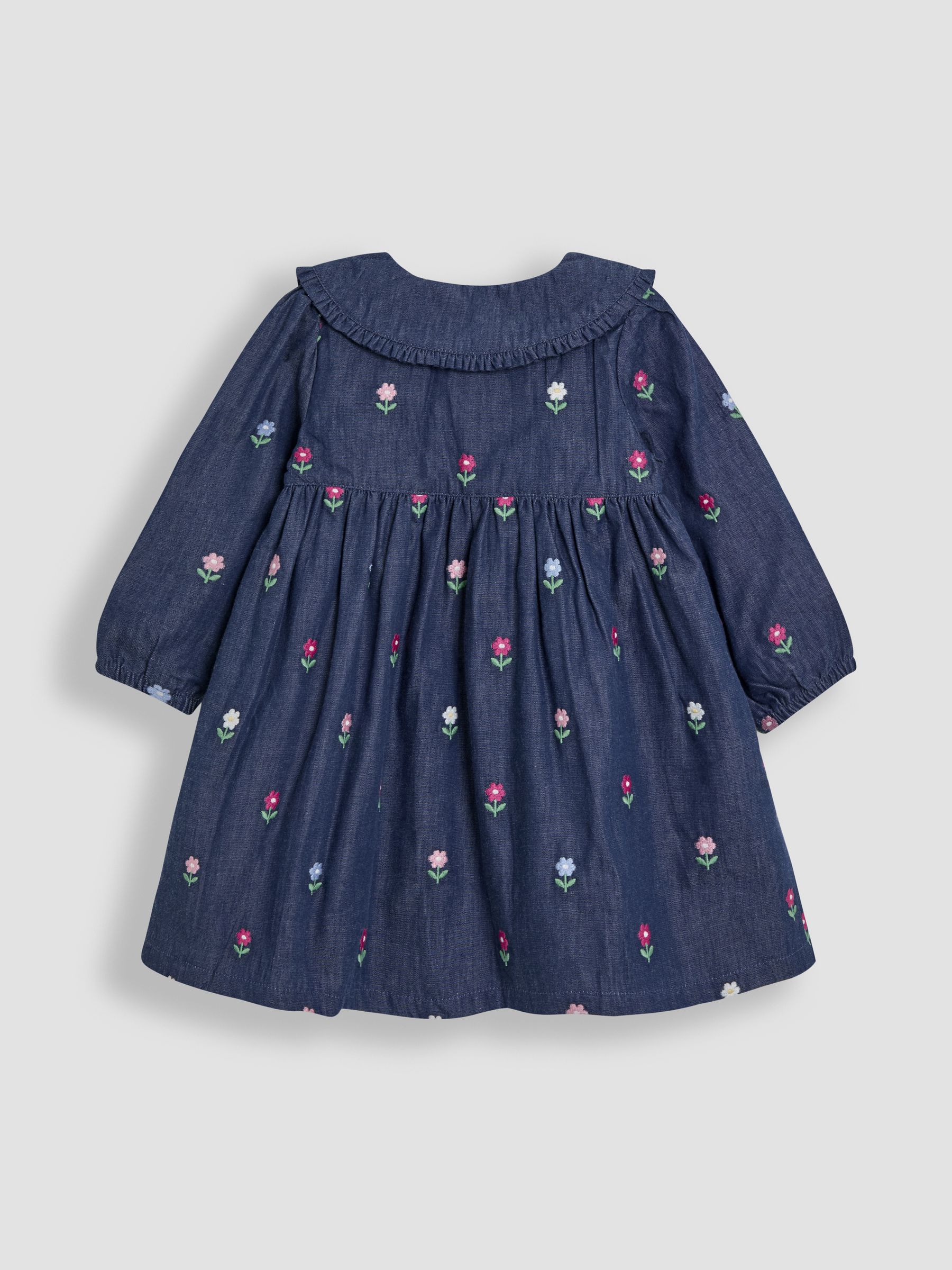 Chambray Blue Floral Embroidered Button Through Dress