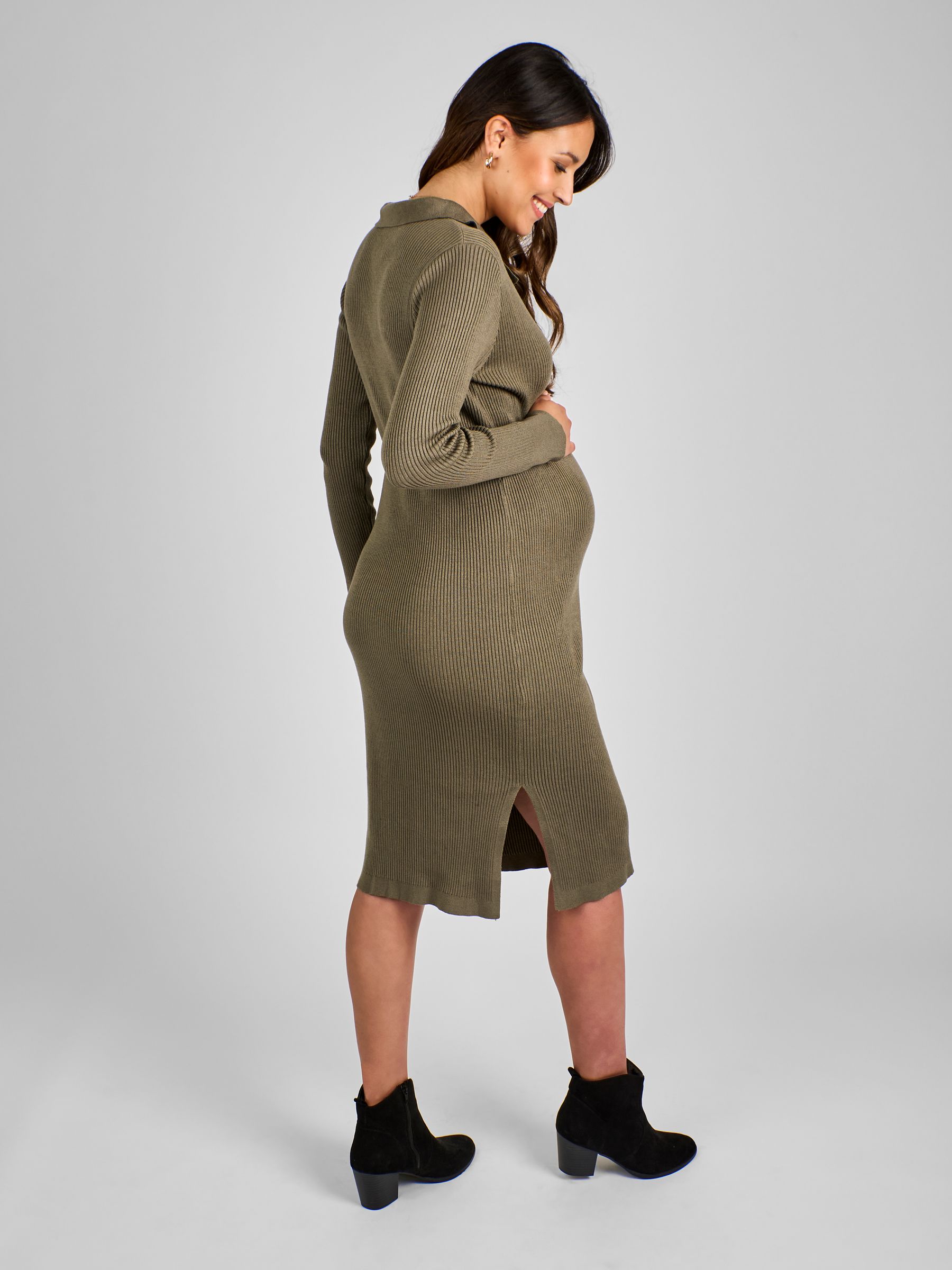 Khaki Green Collared Maternity Ribbed Knitted Dress