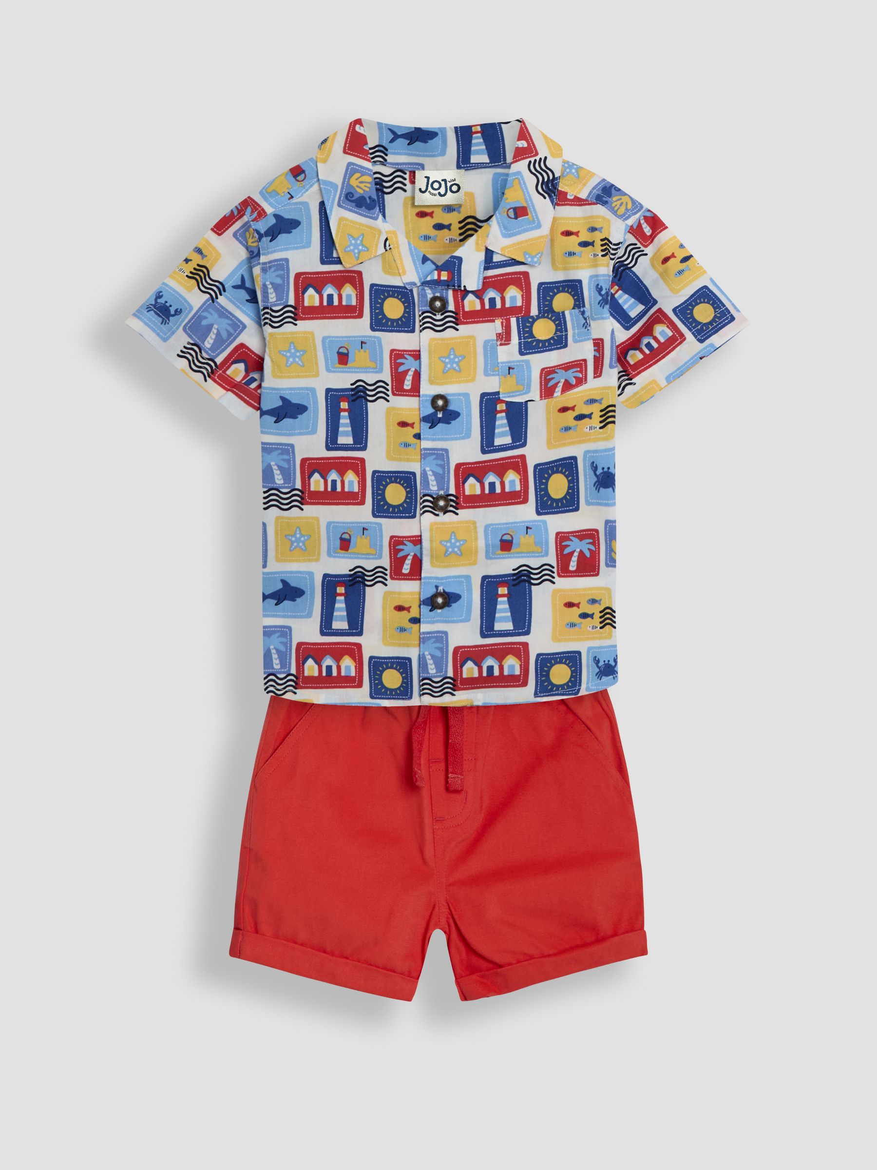 Red Seaside 2-Piece Printed Shirt & Twill Shorts Set