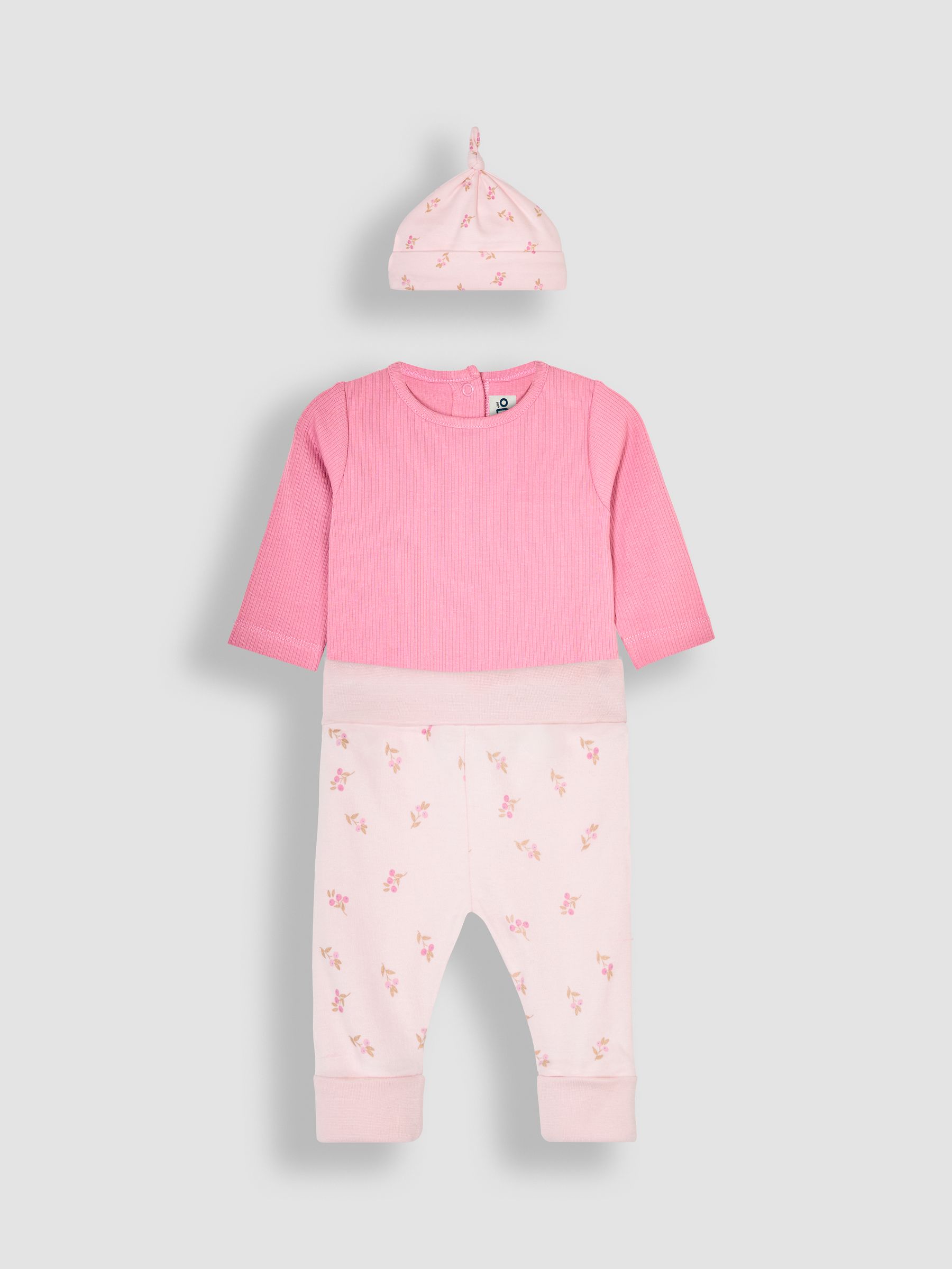 Pink 3-Piece Rib Body, Floral Trousers & Hat Set