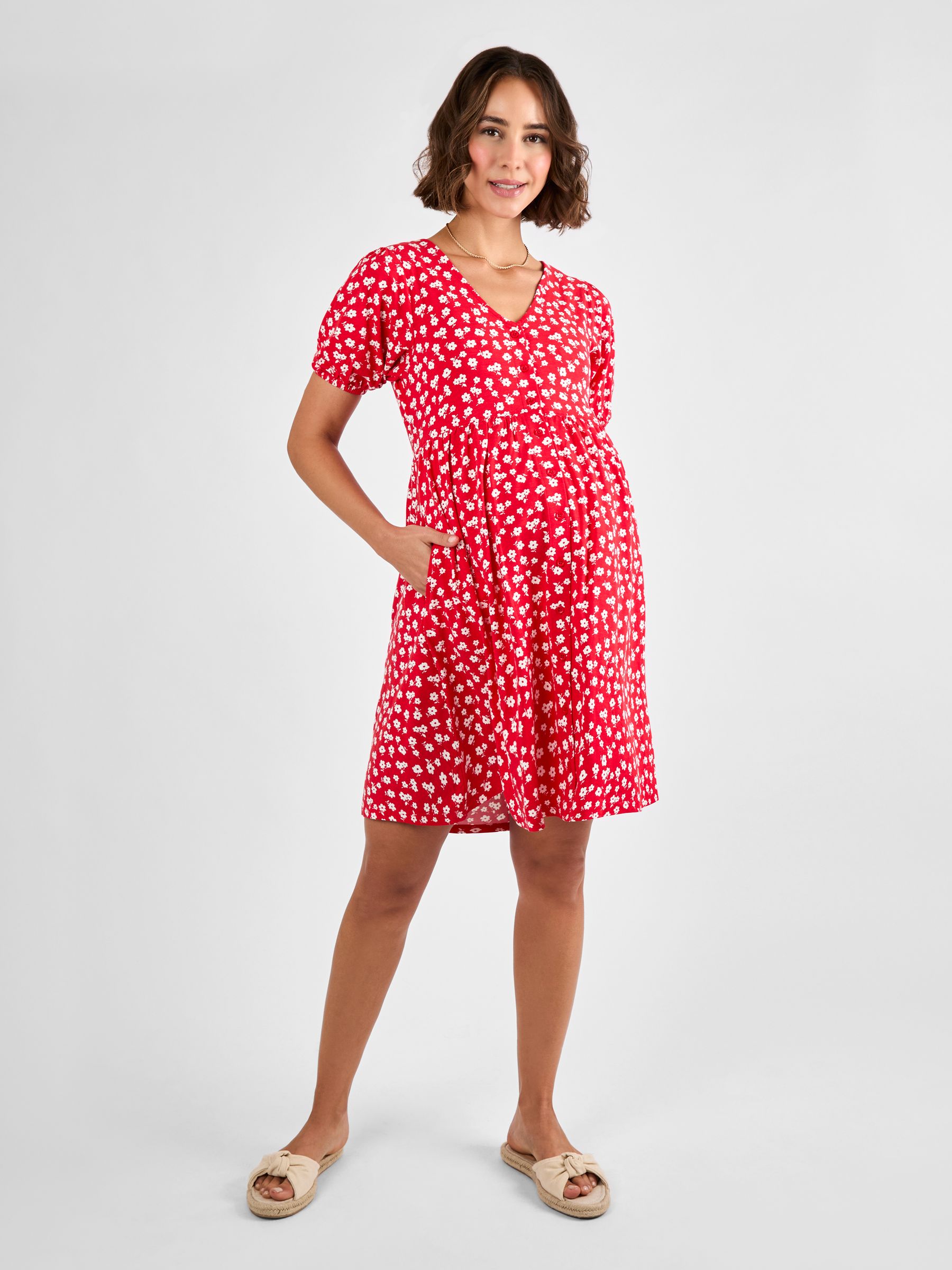 Red Ditsy Button Through Maternity Jersey Dress