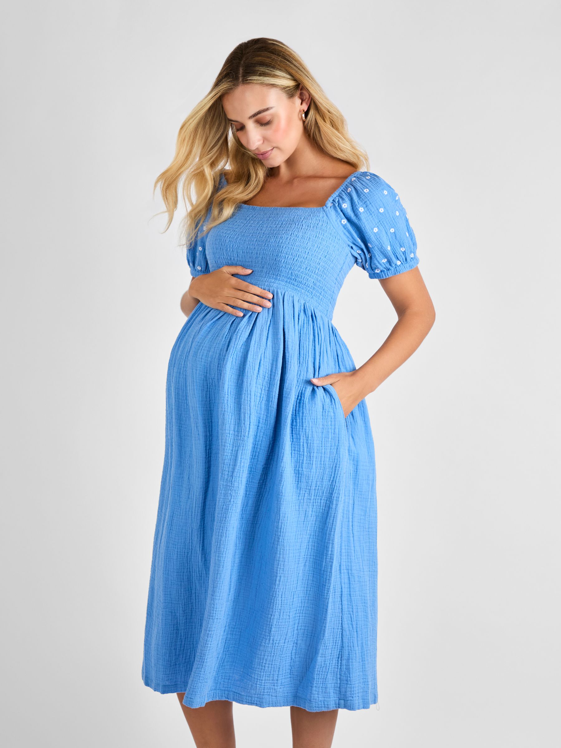 Pink Shirred Embroidered Maternity Midi Dress