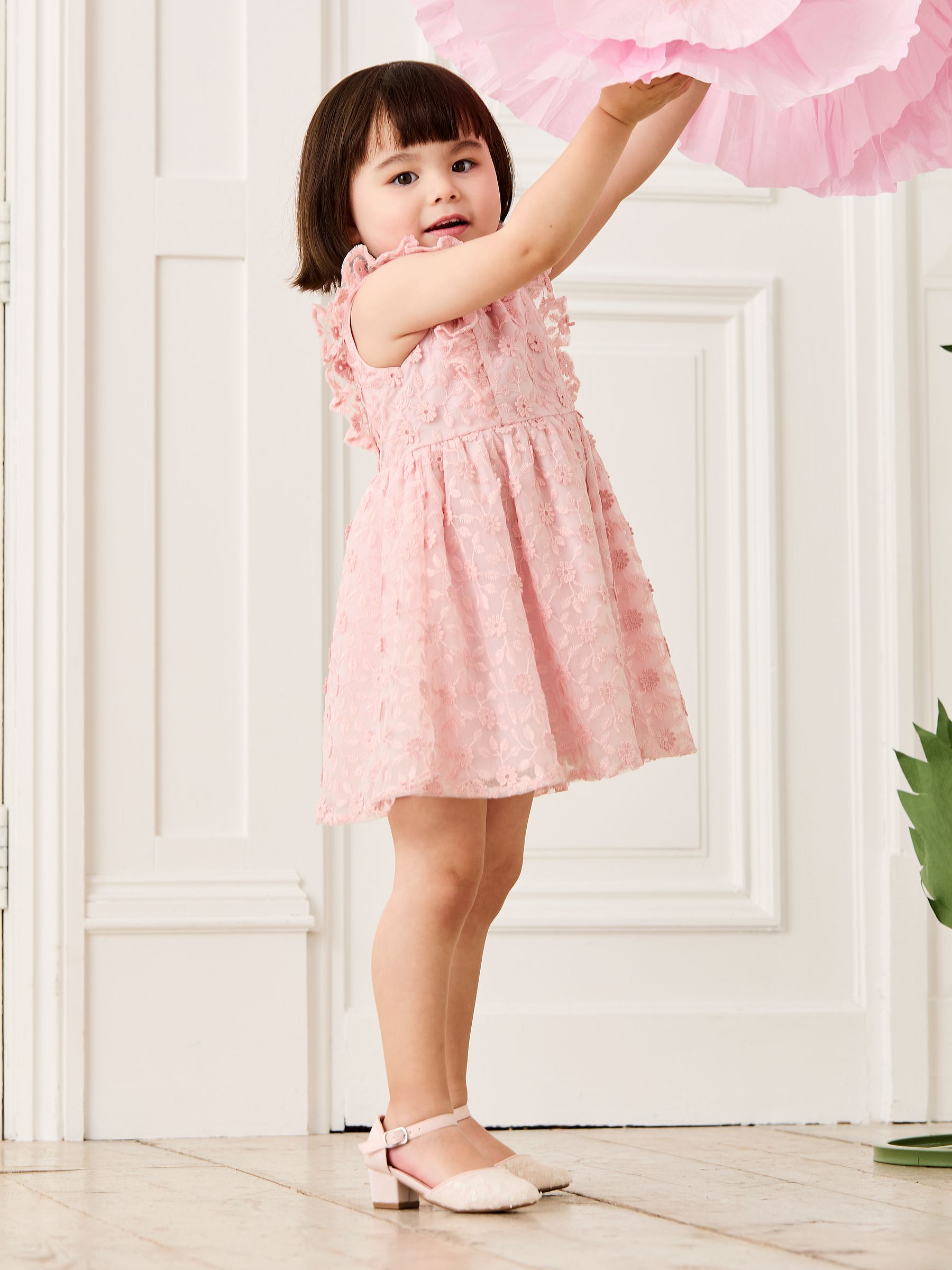 Pale Pink Embroidered Lace Frill Flower Print Girl Dress