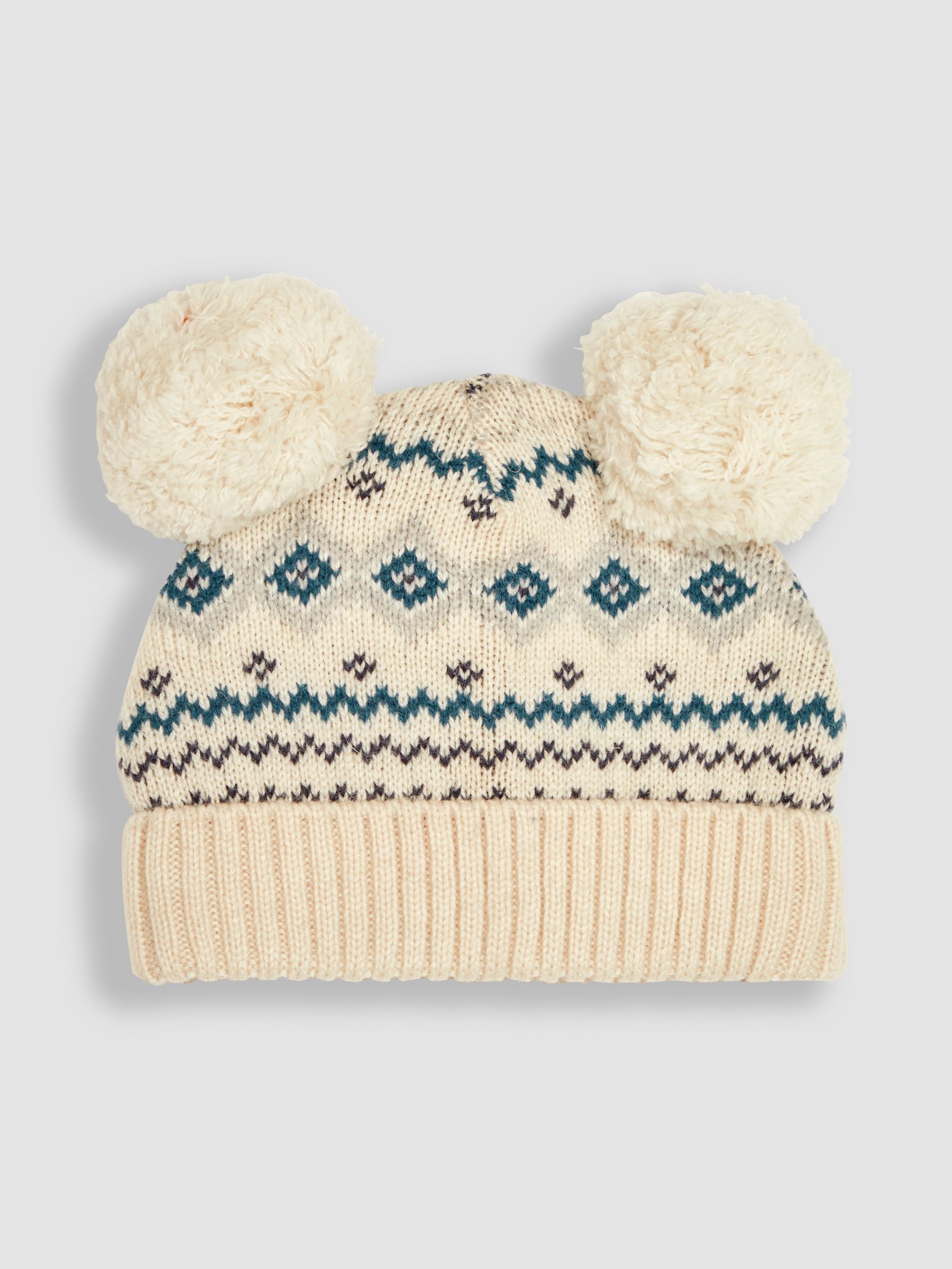 Ecru Pom Pom Fair Isle Pattern Hat