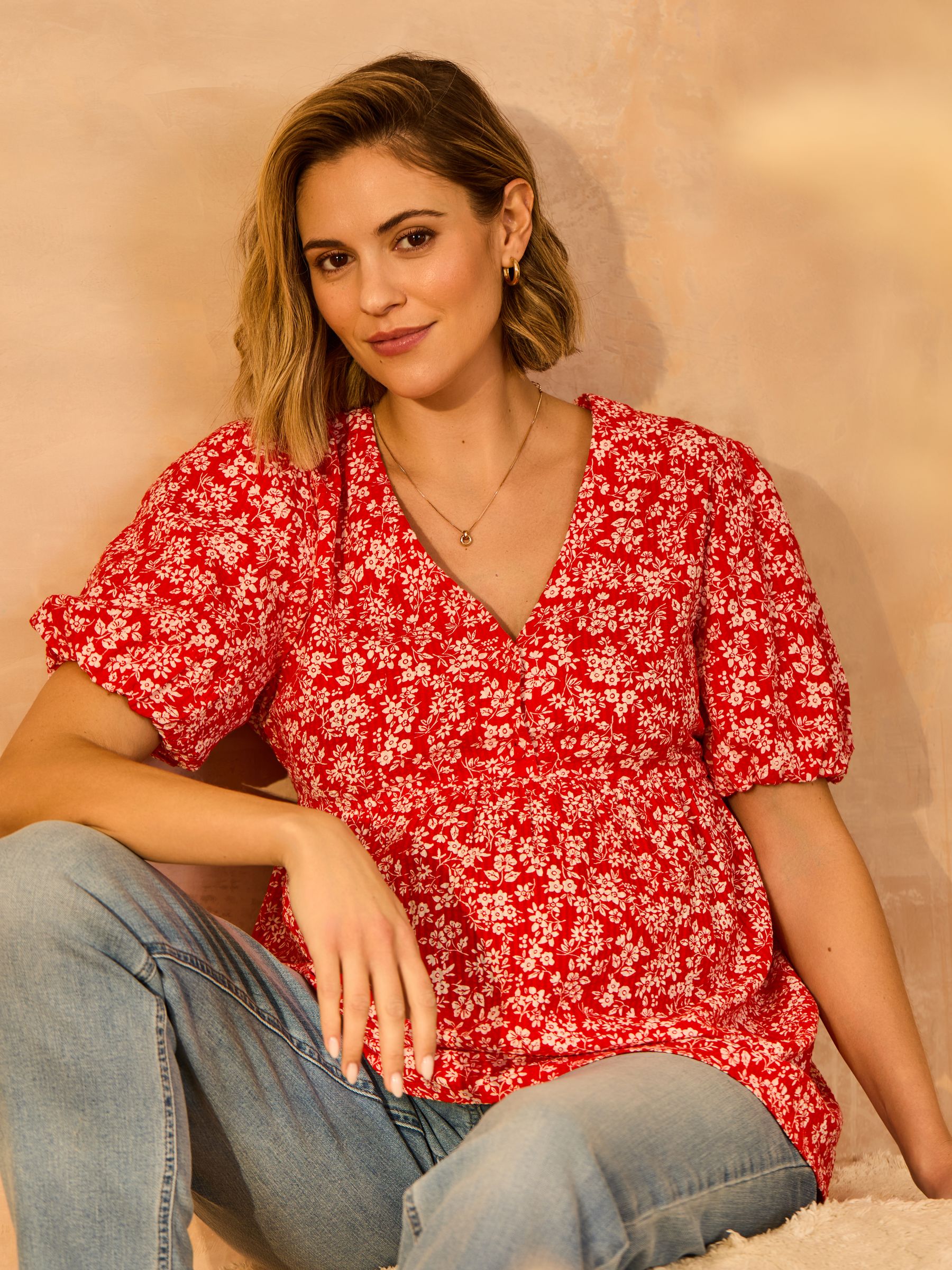 Red Maternity Short Sleeve Seersucker 100% Cotton Blouse