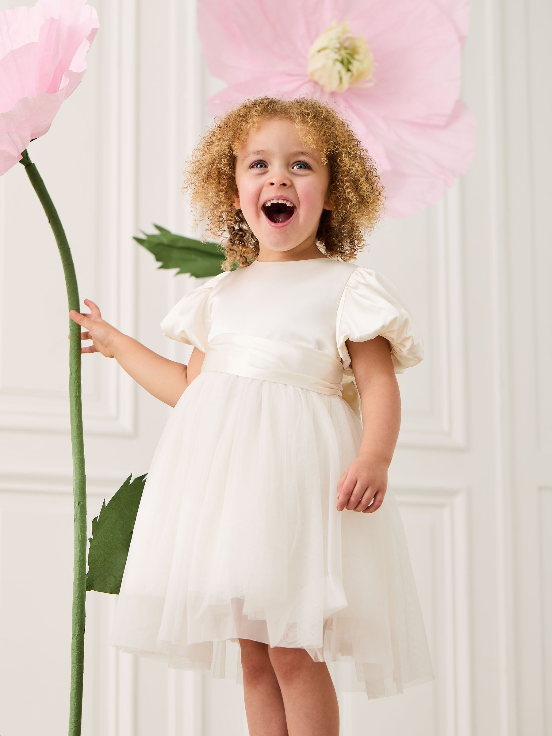 Cream Balloon Sleeve Satin Sash Flower Girl Dress