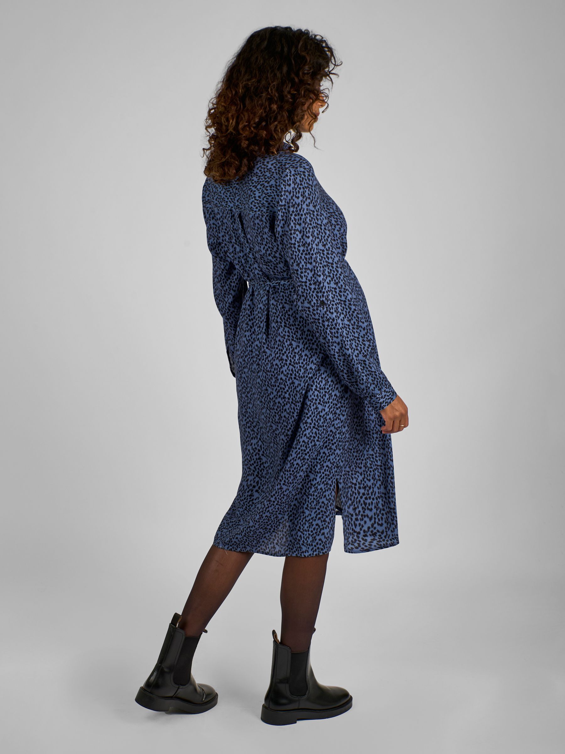 Navy Blue Animal Print Shirt Maternity Dress With Tie