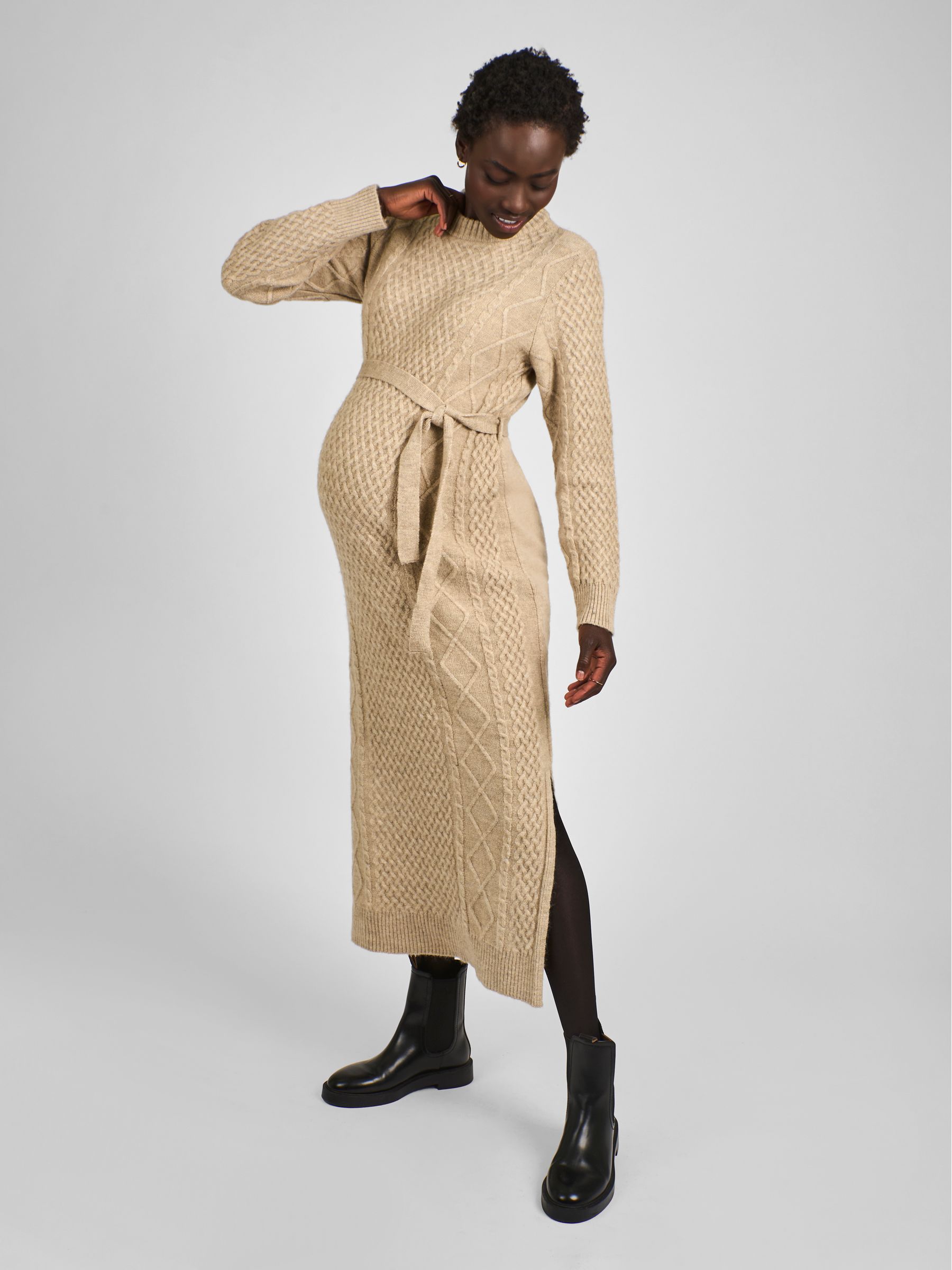 Oatmeal Maternity Cable Knit Midi Dress