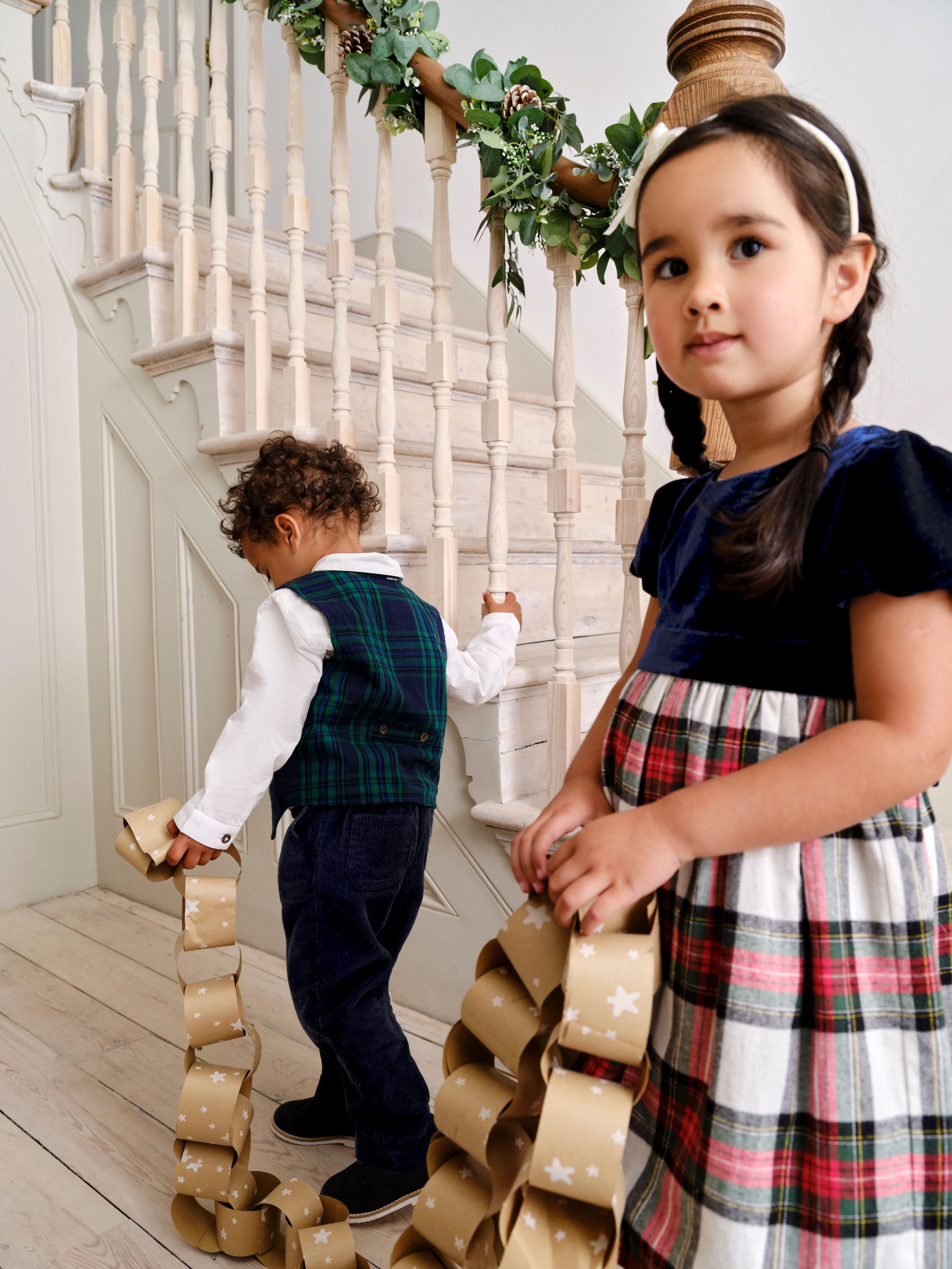 Navy Blue Check & Velvet Party Dress