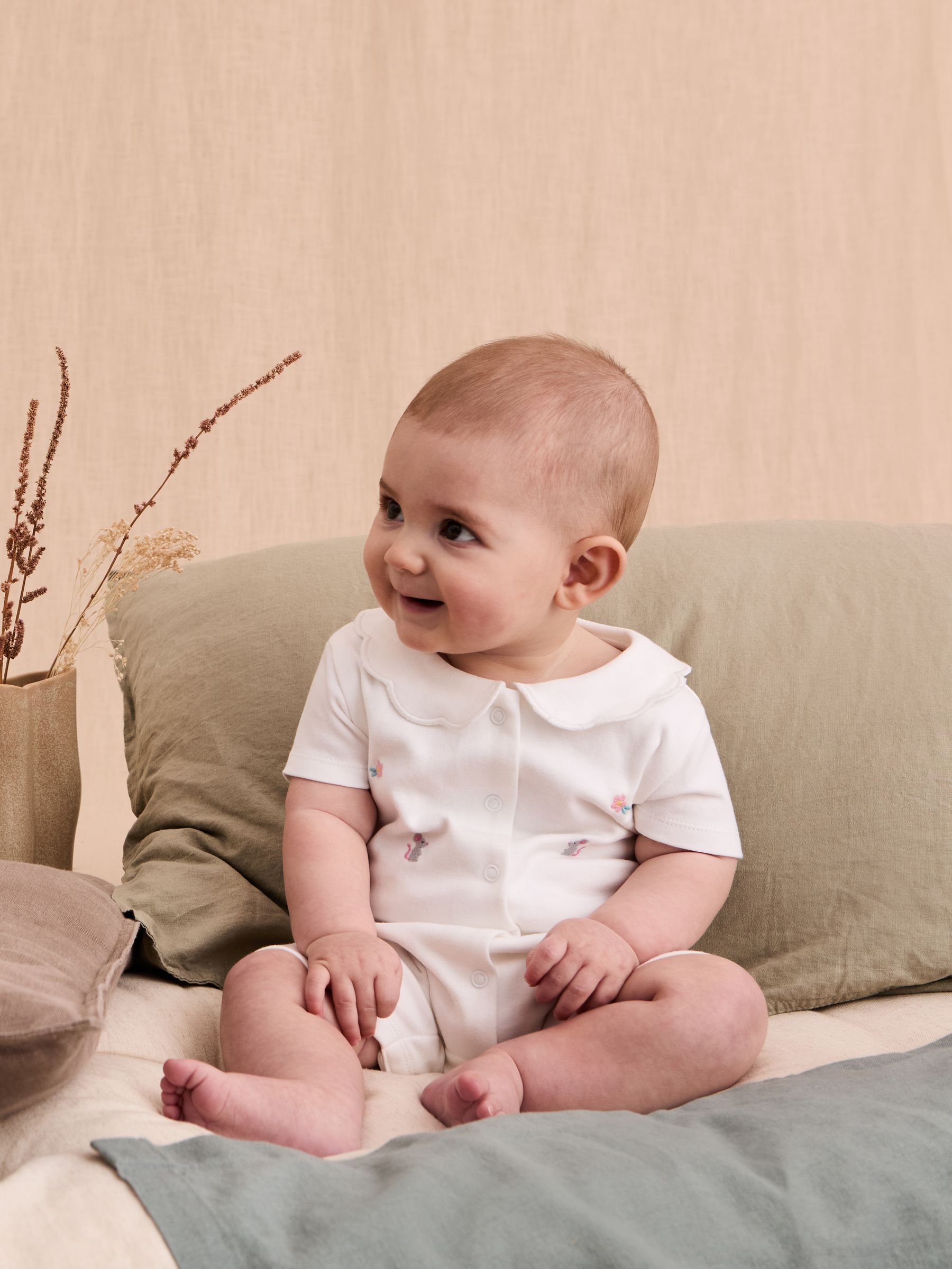 White Cotton Short Sleeve Embroidered Romper