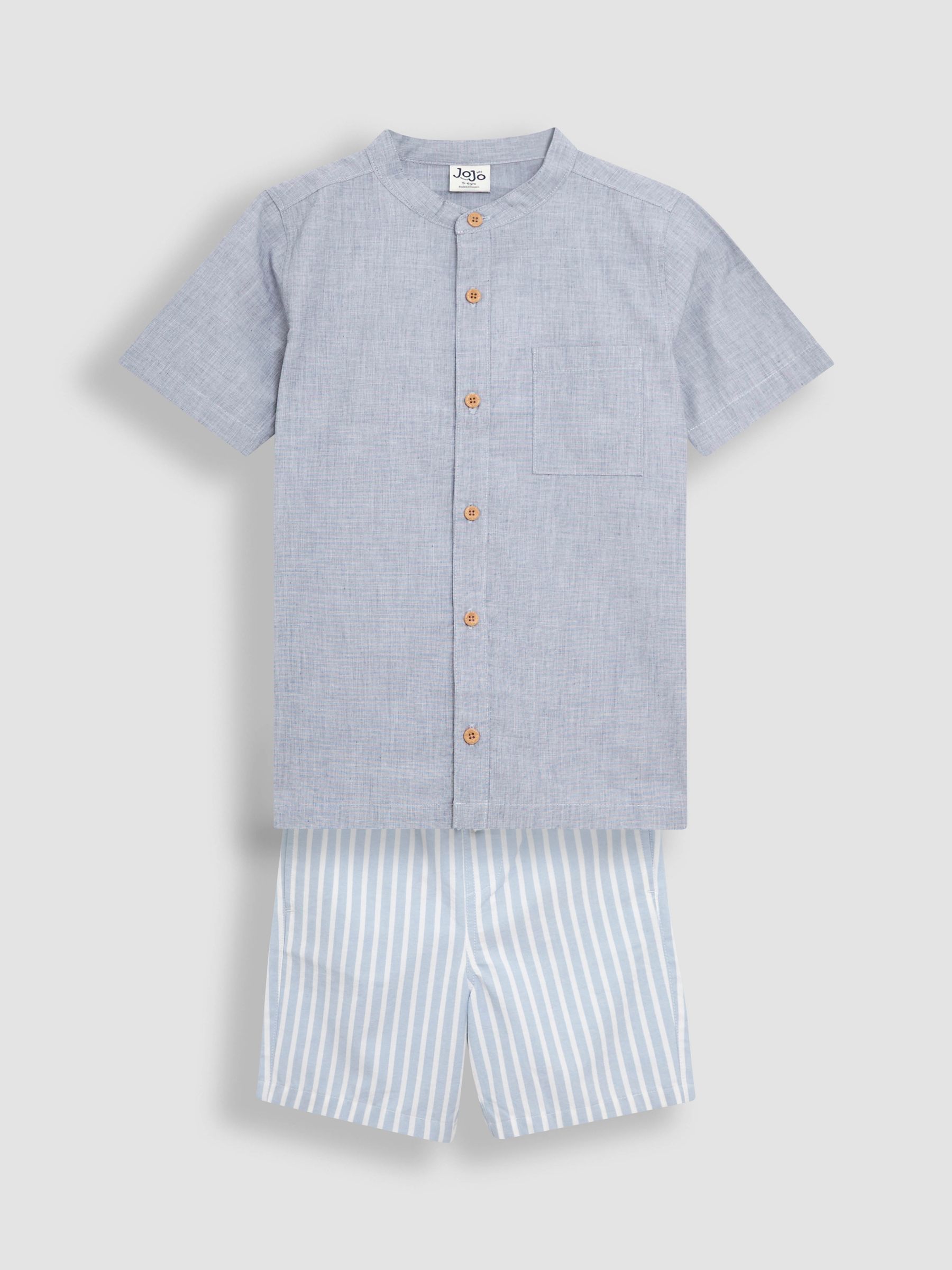 Blue 2-Piece Grandad Collar Shirt & Striped Shorts Set