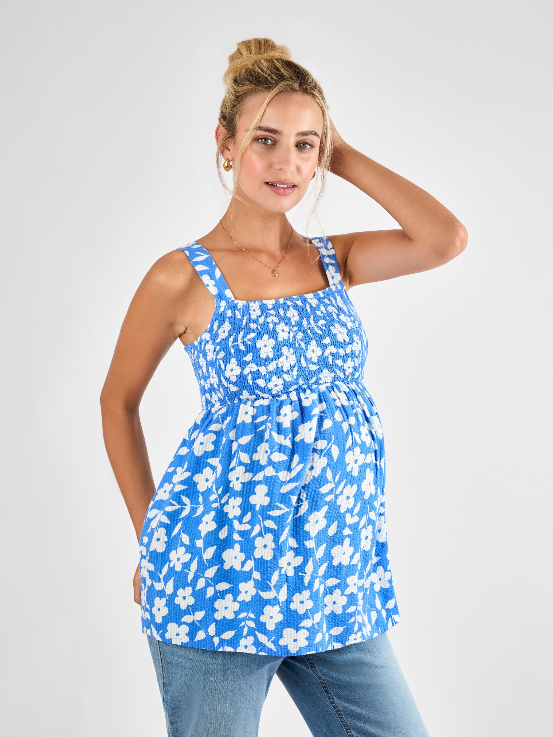 Blue Floral Shirred Maternity 100% Cotton Top