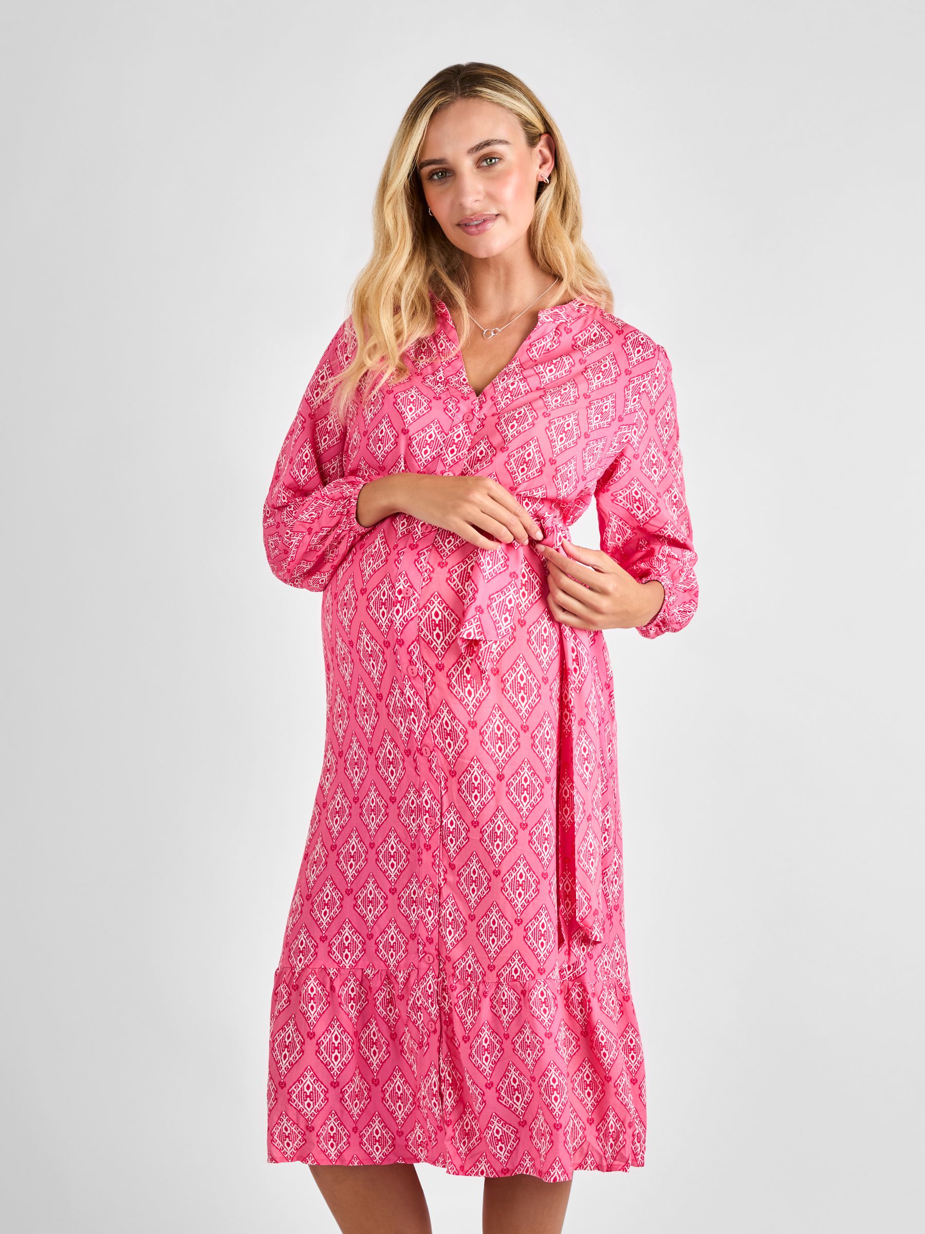 Pink Button Through Maternity Midi Dress With Tie