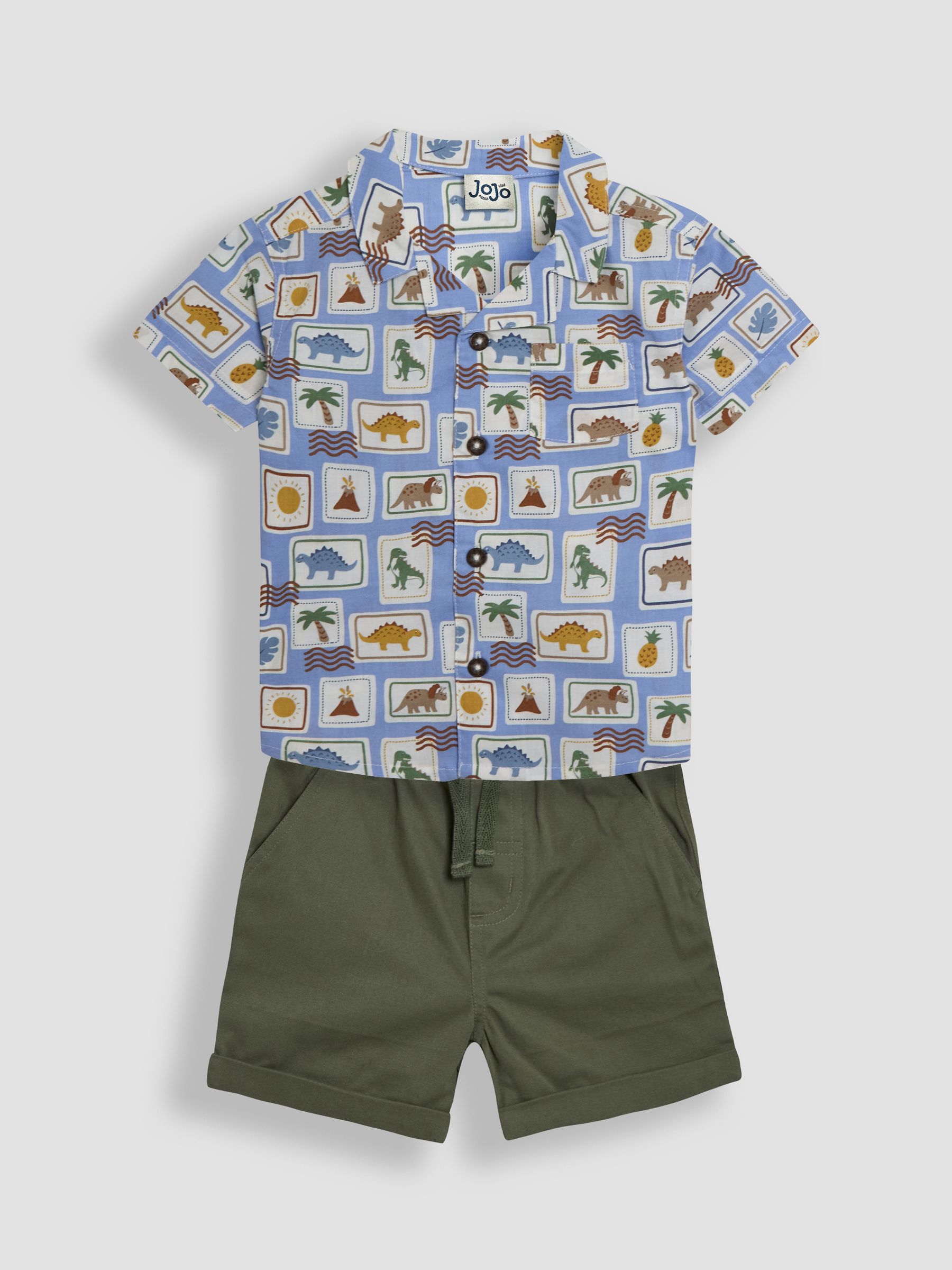 Khaki Dino Stamp 2-Piece Printed Shirt & Twill Shorts Set