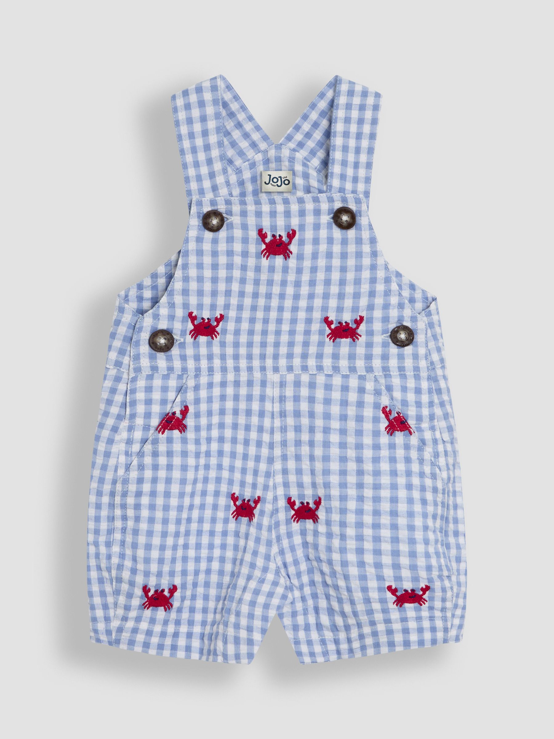 Blue Crab Embroidered Gingham Dungarees
