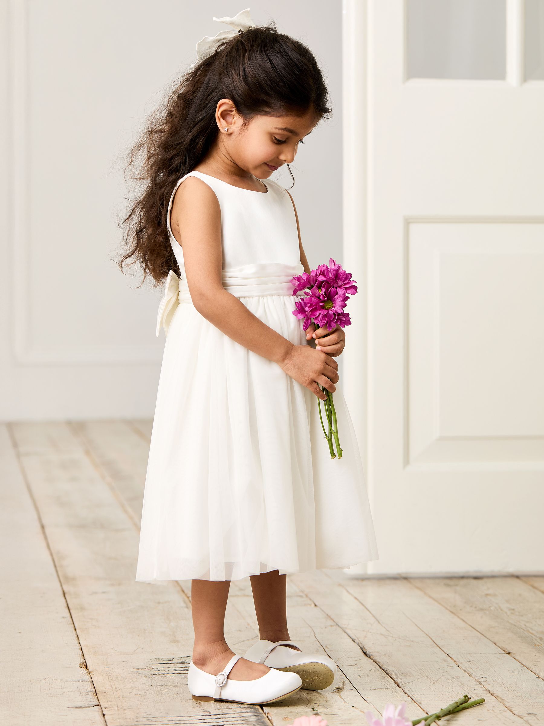 Cream Girl Satin Flower Dress With Satin Sash