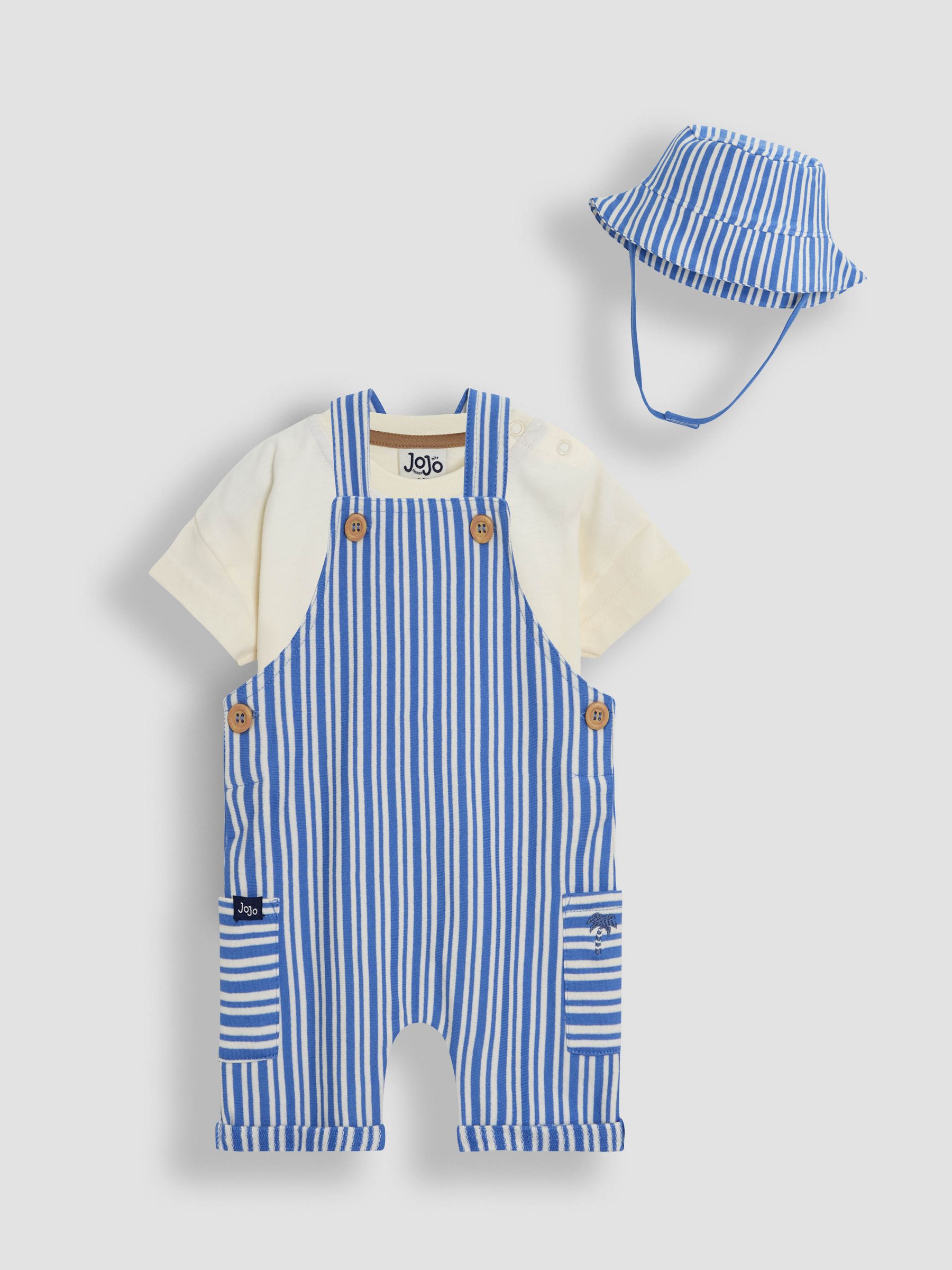 Blue 3-Piece Stripe Dungarees & T-Shirt Set with Hat