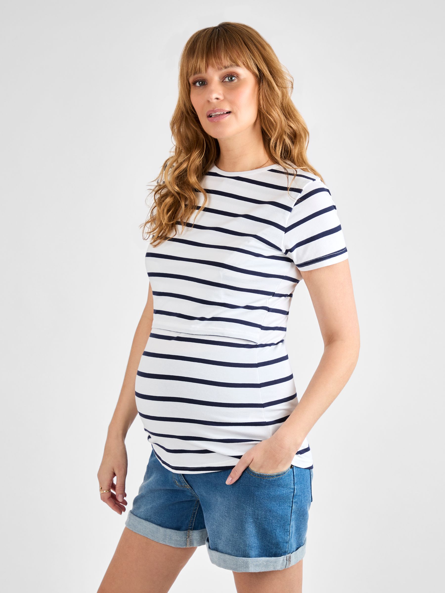 White Navy Stripe Maternity & Nursing T-Shirt