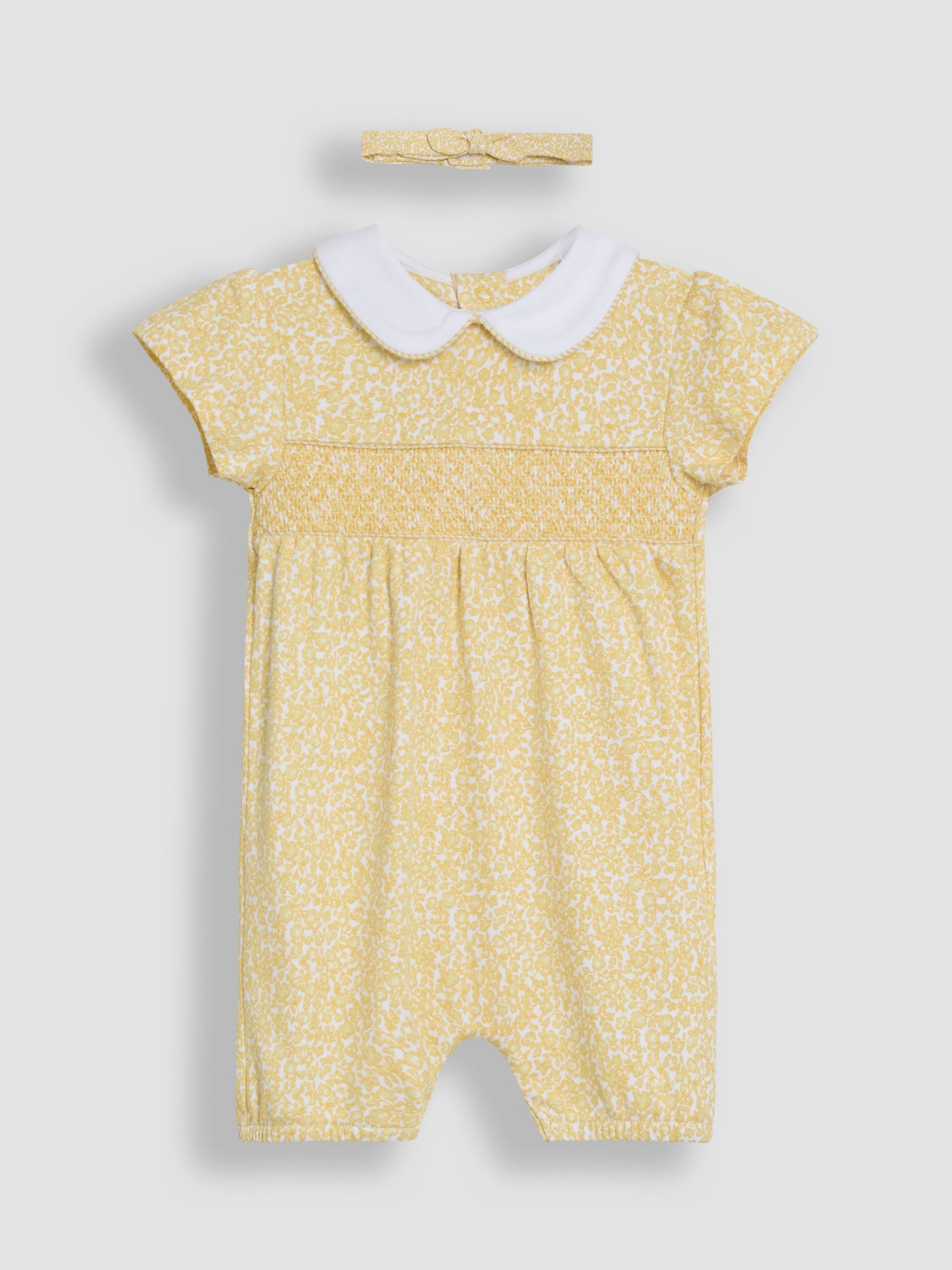 Yellow Floral Print Smocked Romper and Headband Set