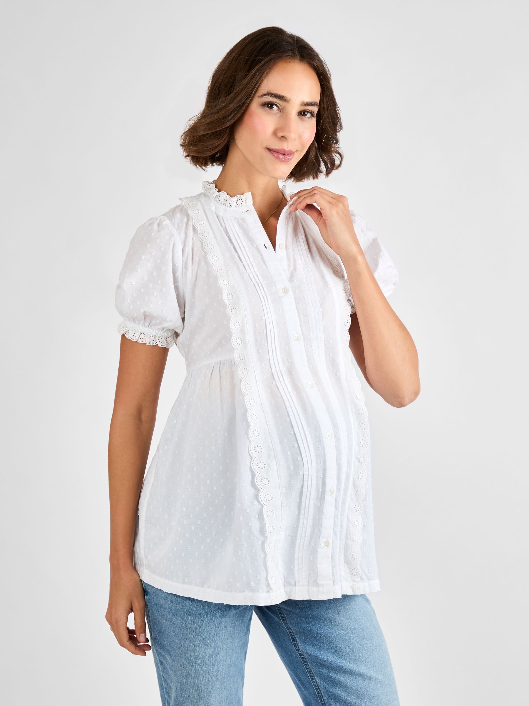 White Lace Trim Maternity Pintuck Blouse