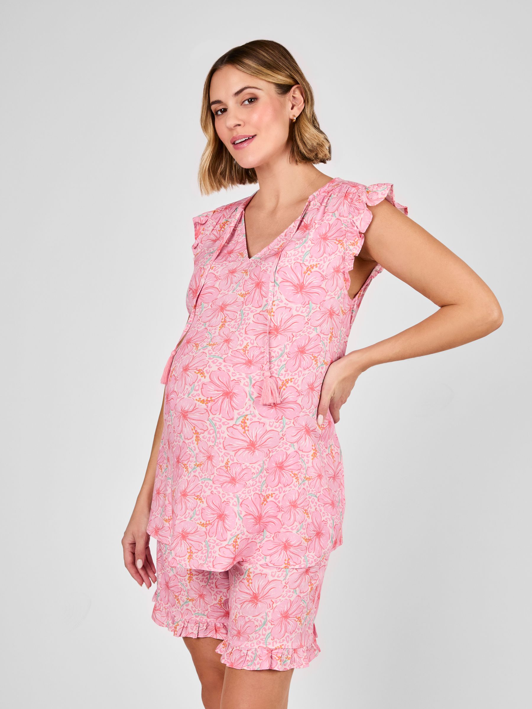 Pink Floral Patterned Frill Sleeve Maternity Blouse