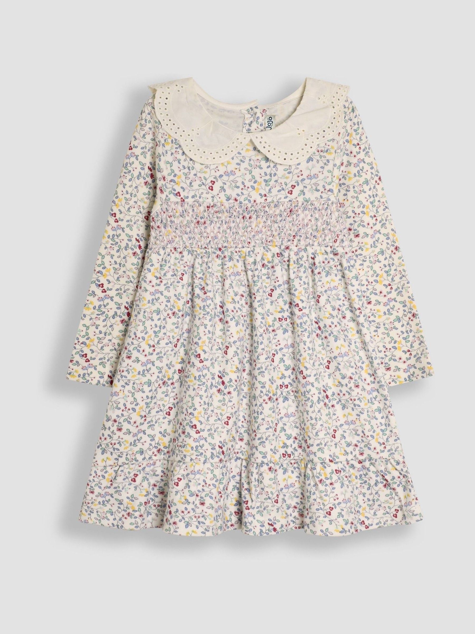 Cream Floral Smocked Broderie Collar Dress