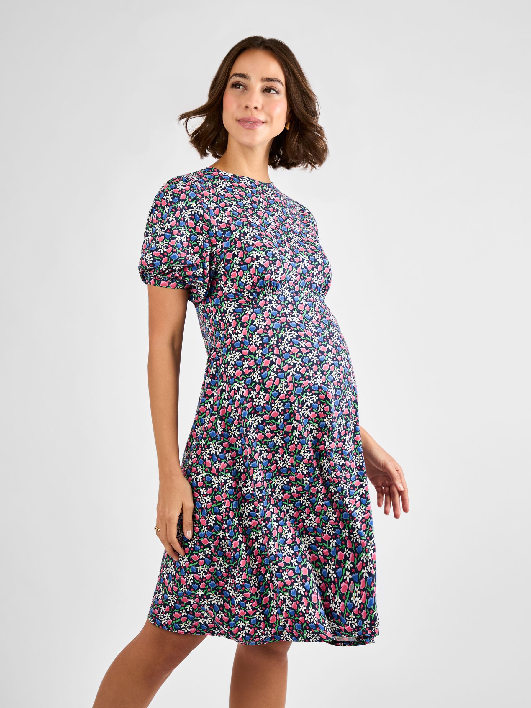 Navy Maternity Floral Print Puff Sleeve Jersey Tea Dress