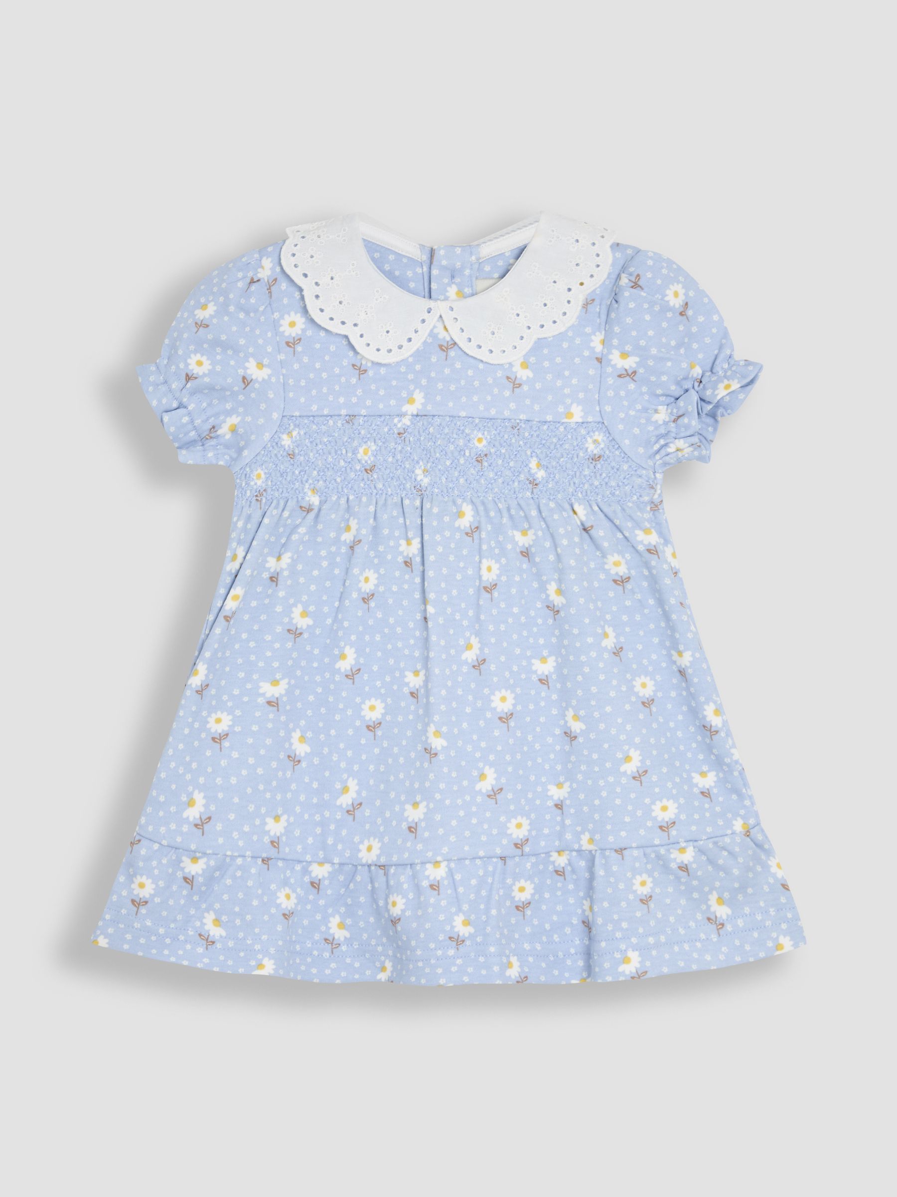 Pink Floral Print Broderie Collar Smocked Dress