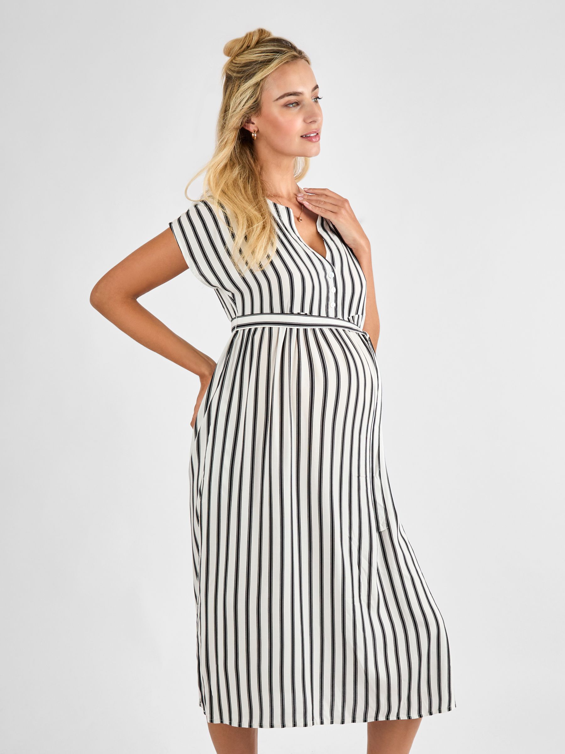 Black Cream Stripe Button Front Maternity Midi Dress
