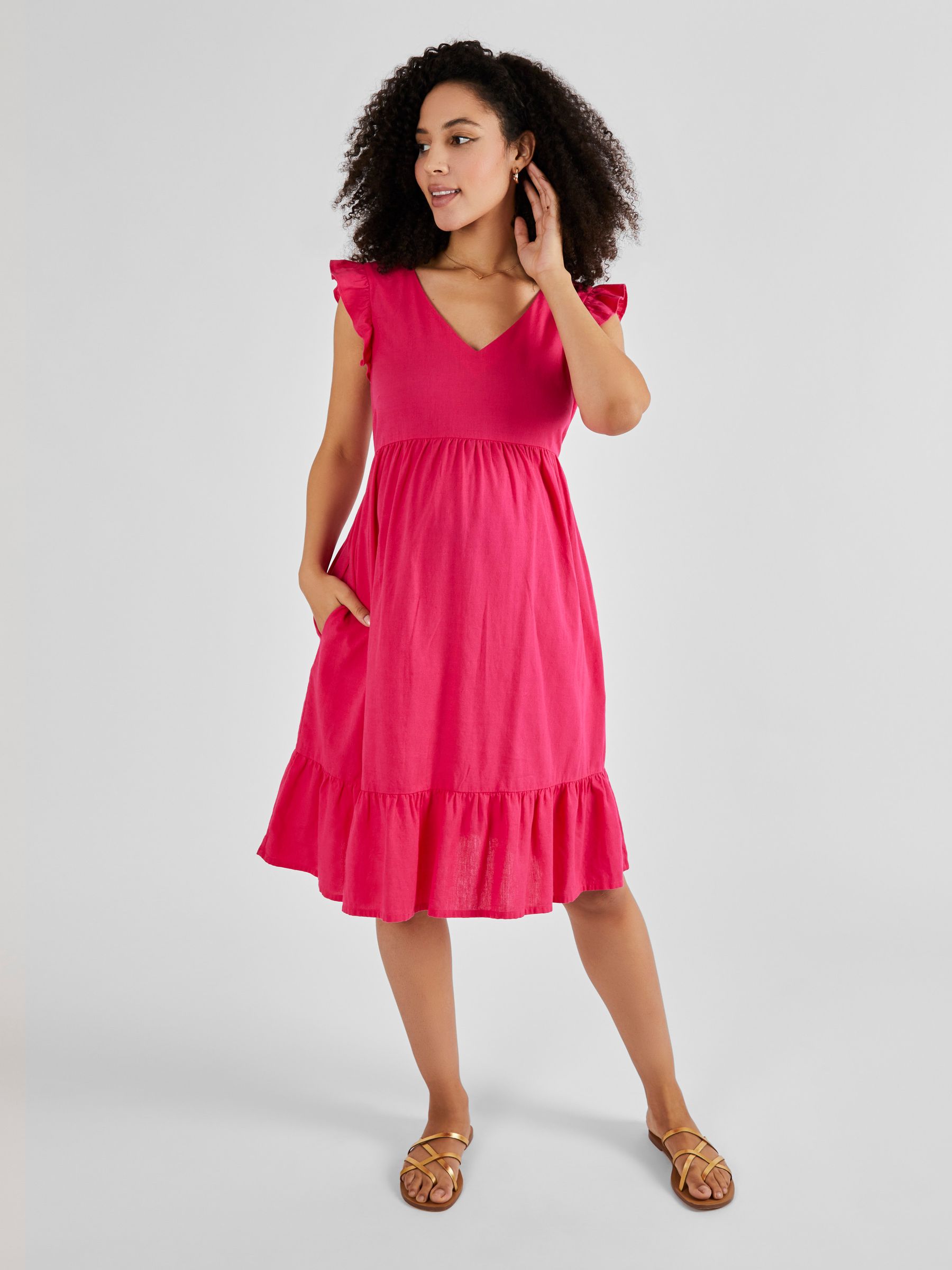 Linen Blend Frill Sleeve Maternity Dress in Pink