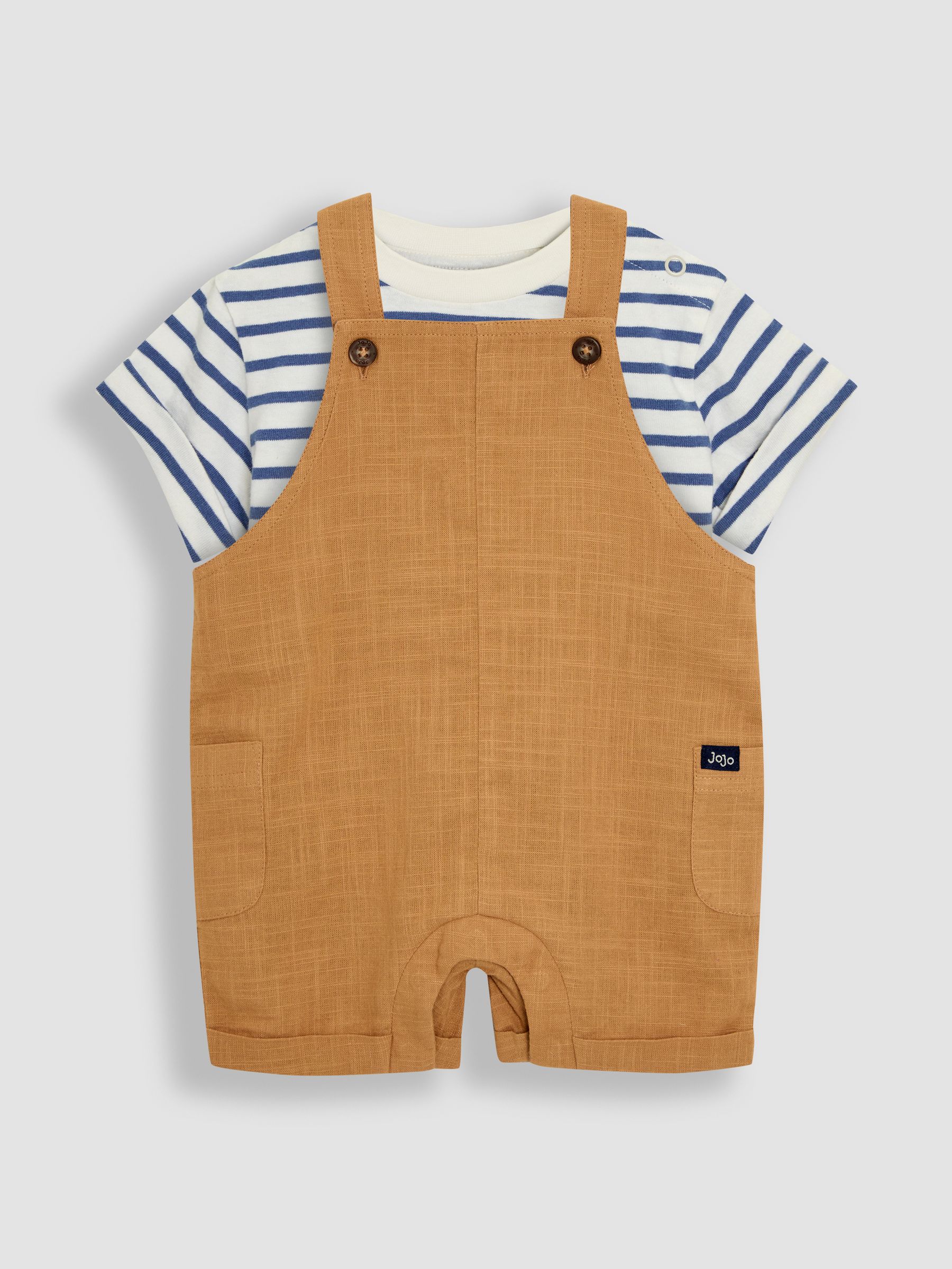 Tan 100% Cotton 2-Piece Dungarees & Stripe T-Shirt Set