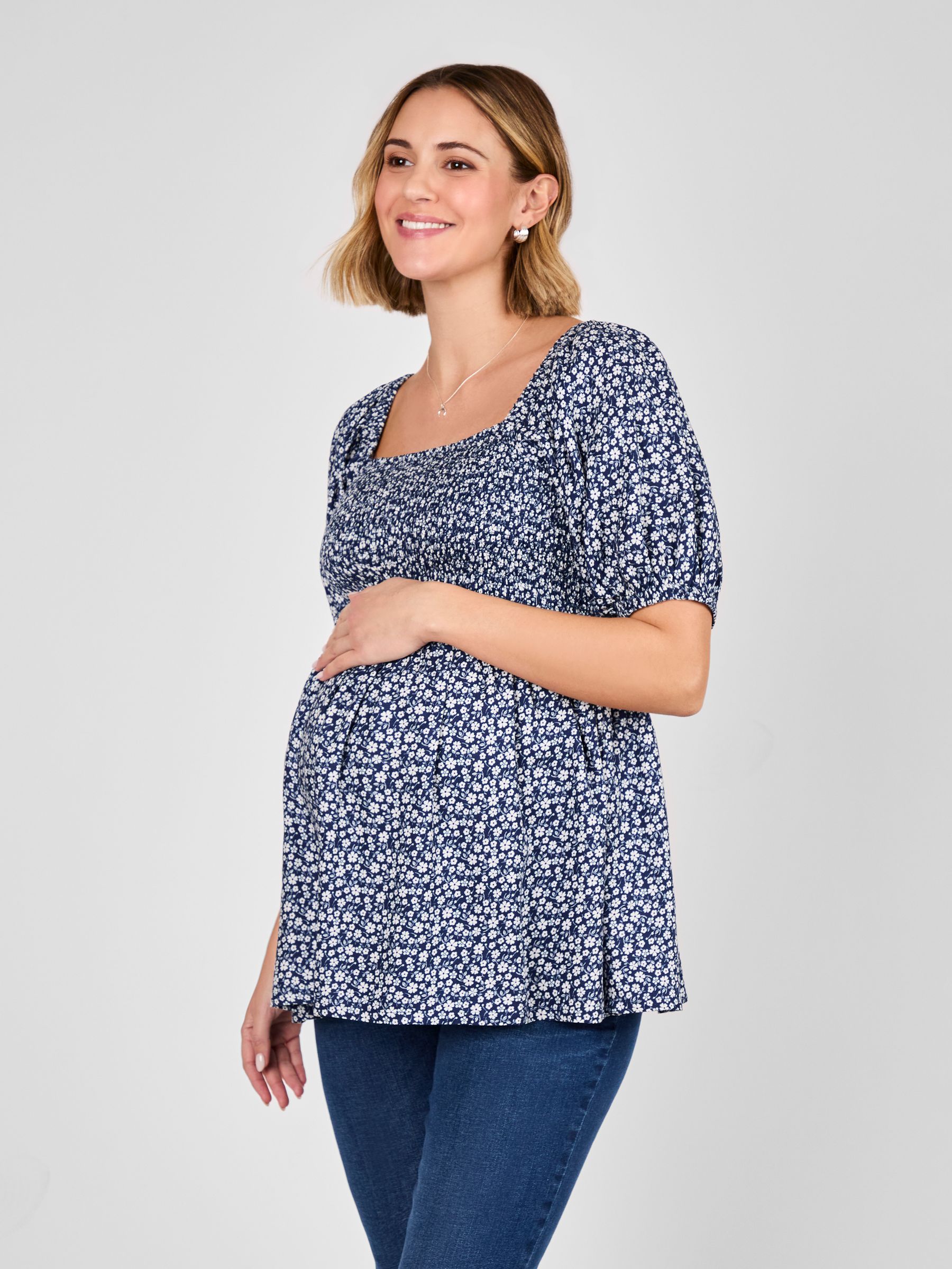 Navy Ditsy Print Shirred Maternity Top