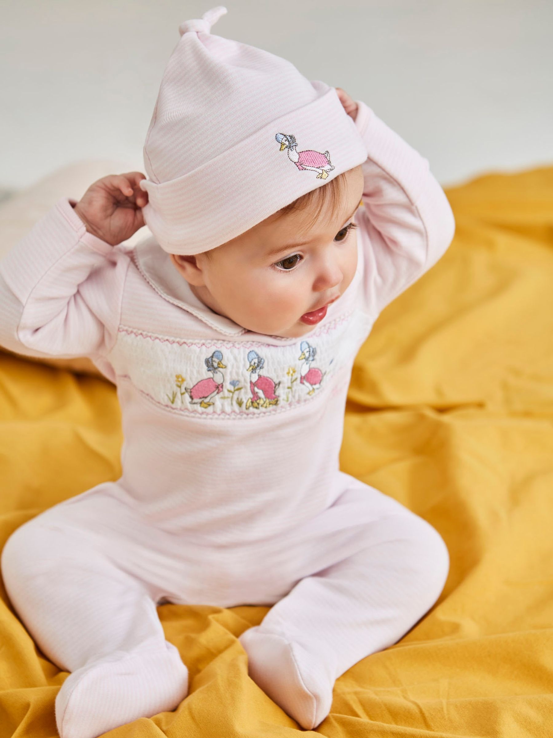 Pink Jemima Puddle-Duck Smocked Sleepsuit & Hat Set