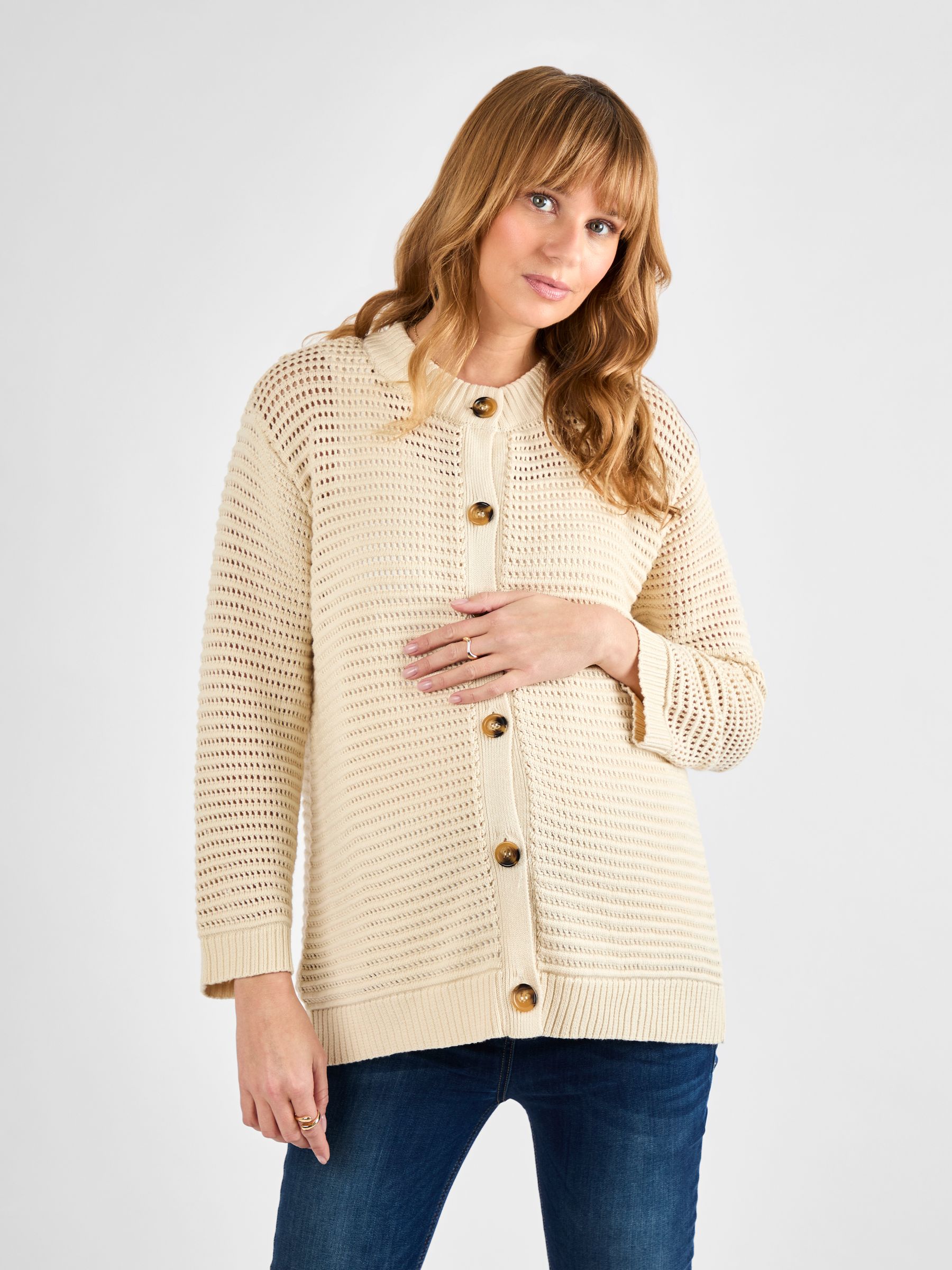 Cream Pointelle Button Maternity Knit Cardigan