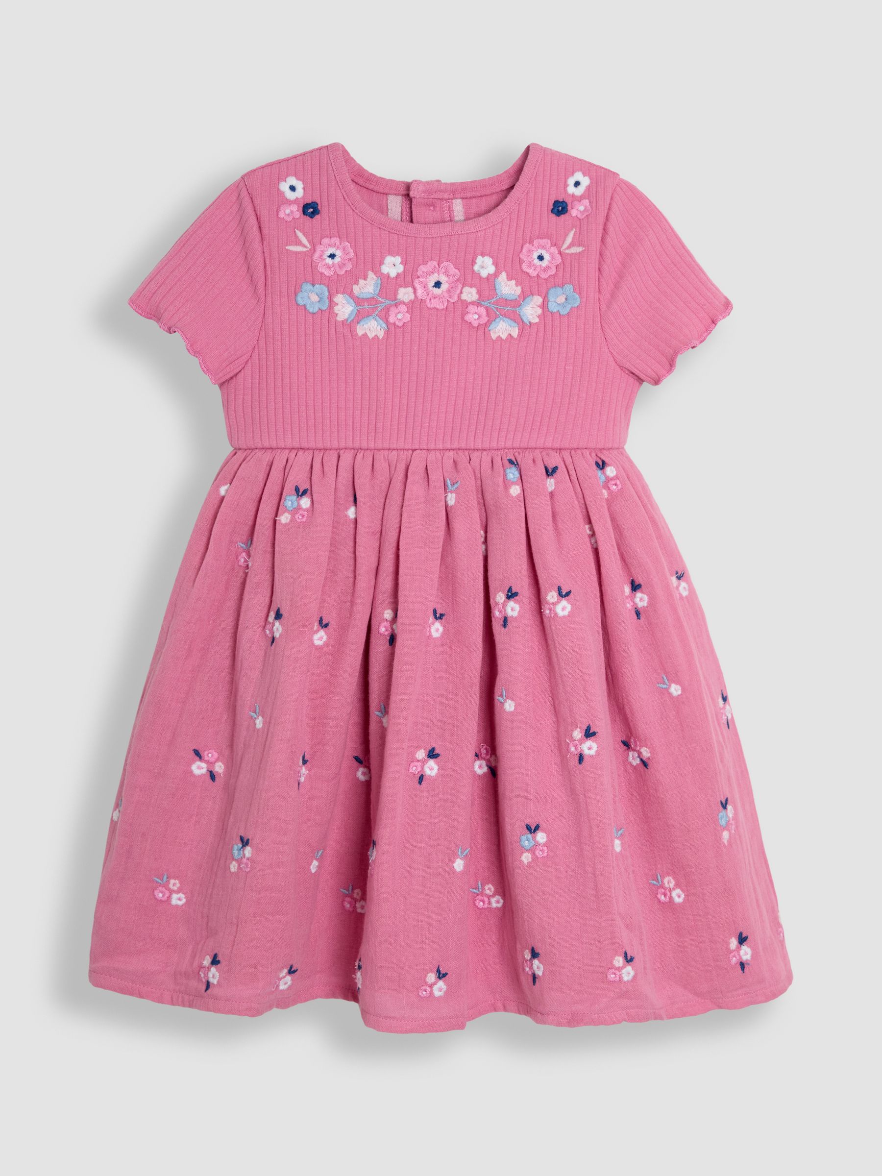 Rose Pink Embroidered Rib Cheesecloth Dress