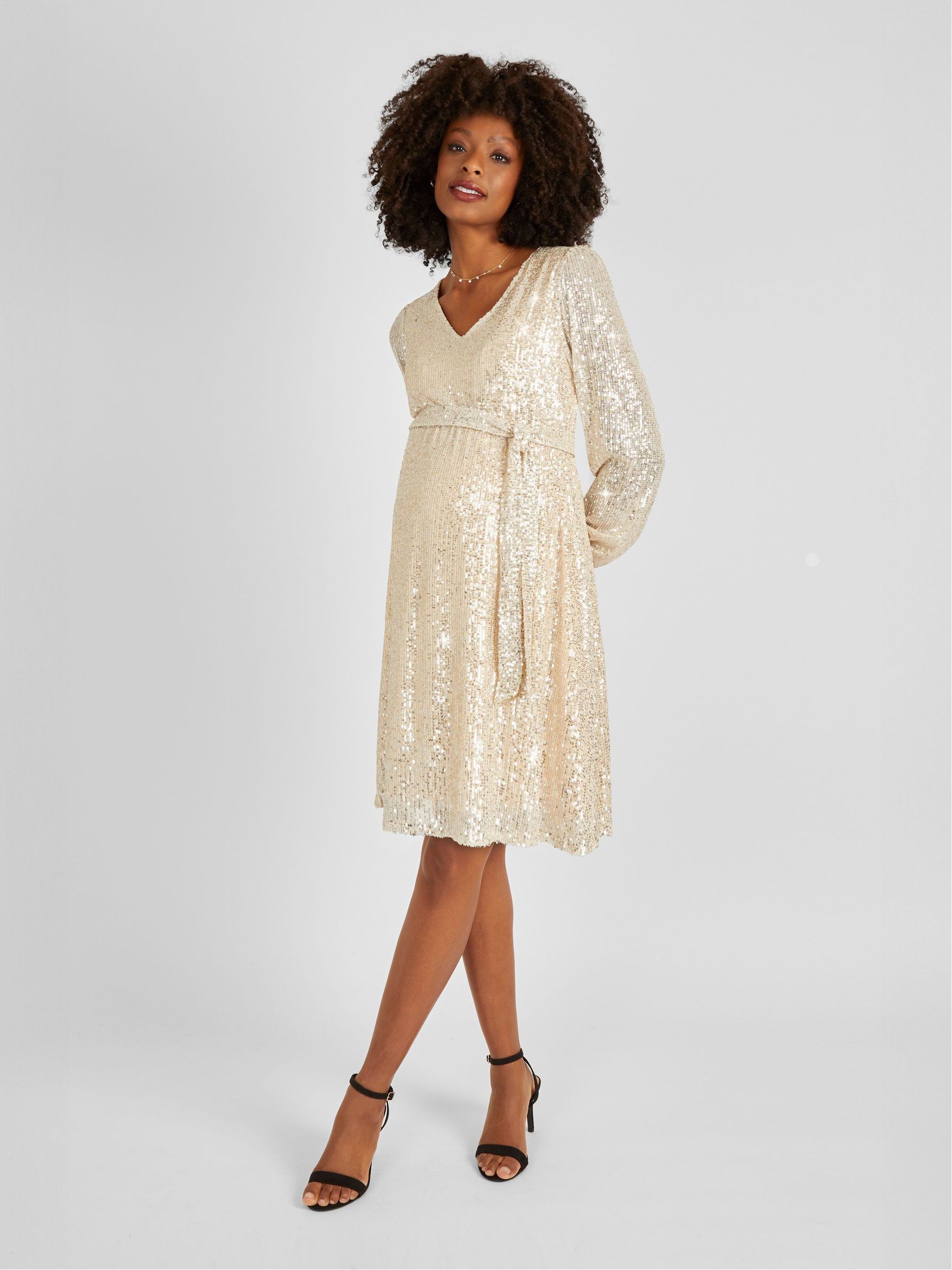 Champagne Gold Sequin V-Neck Maternity Mini Dress