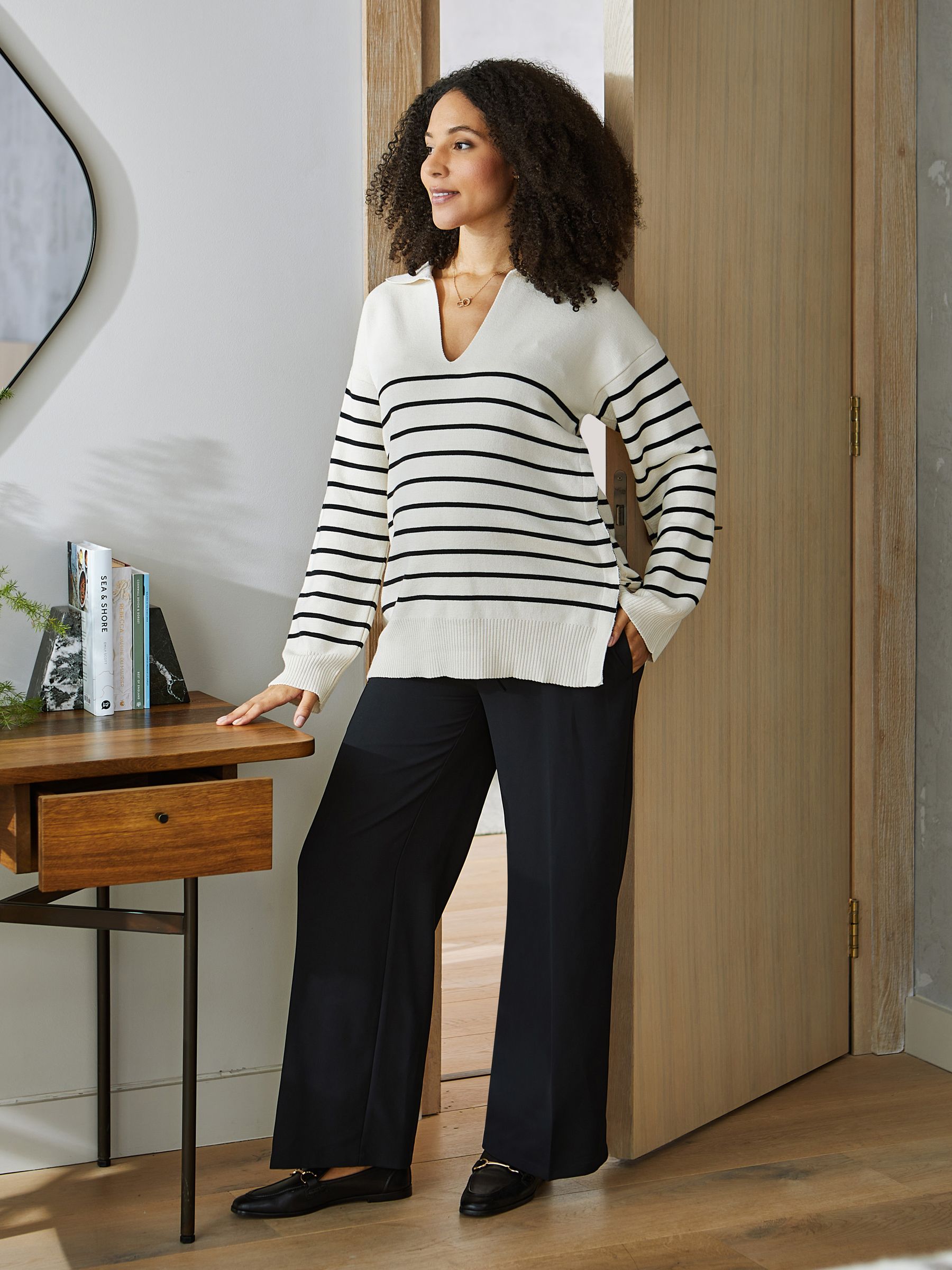 Cream & Black Stripe Collared Maternity & Nursing Jumper