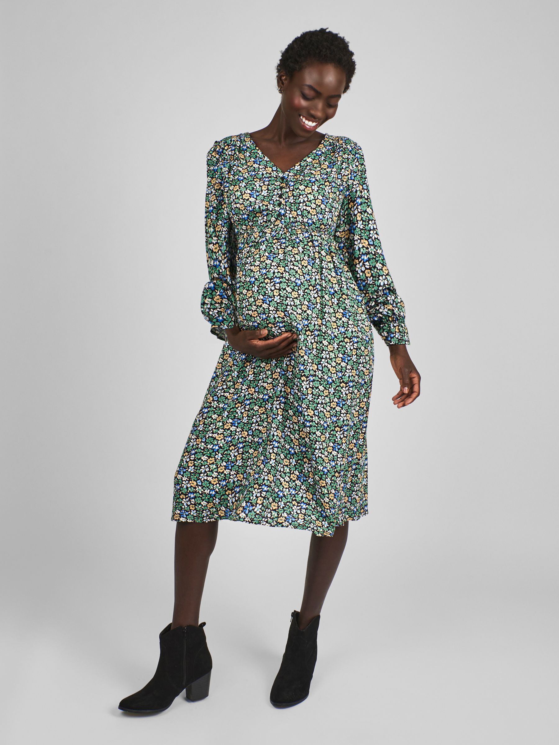 Green & Yellow Floral V-Neck Maternity Midi Dress