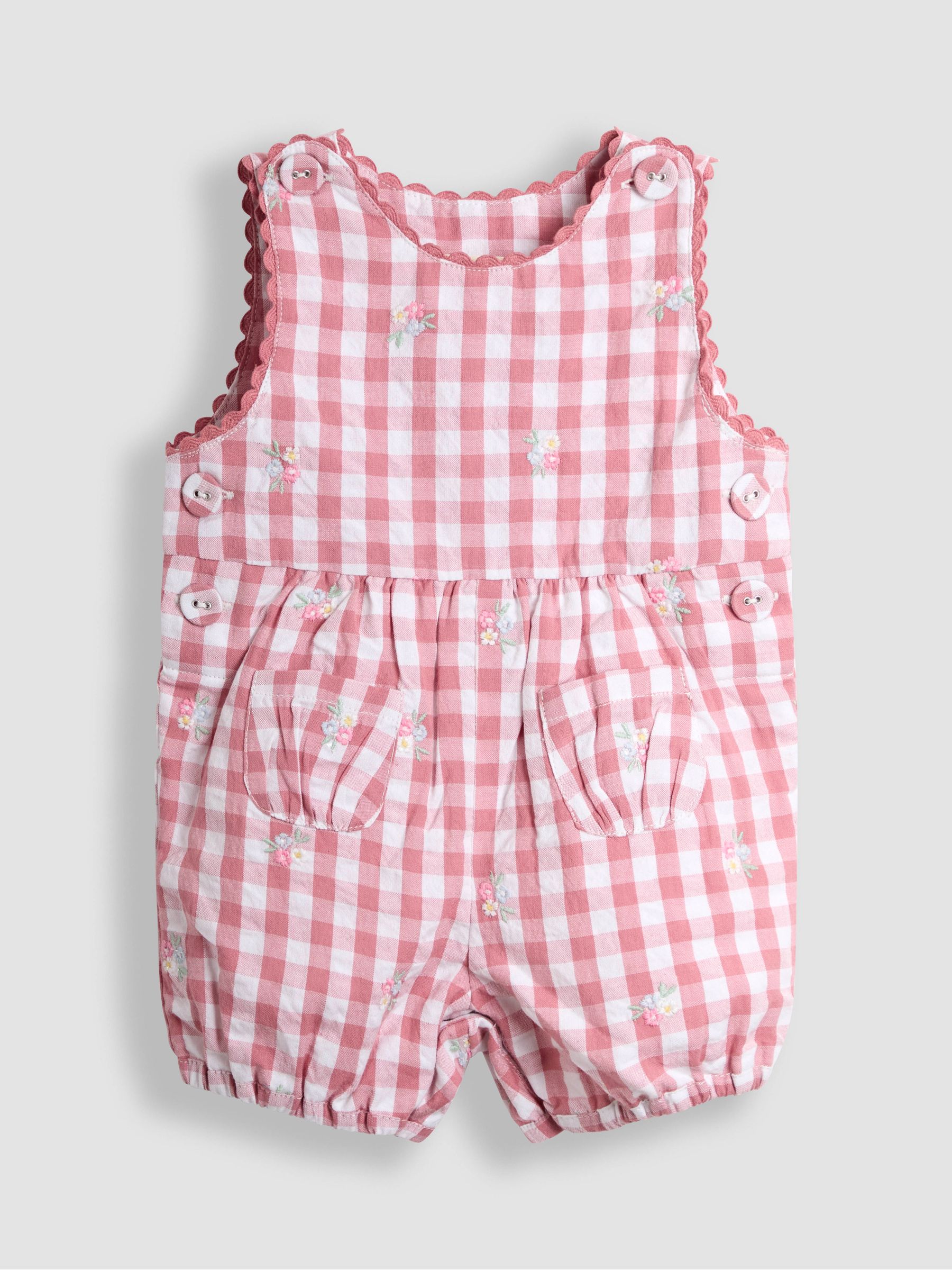 Pink Floral Embroidered Gingham Dungarees