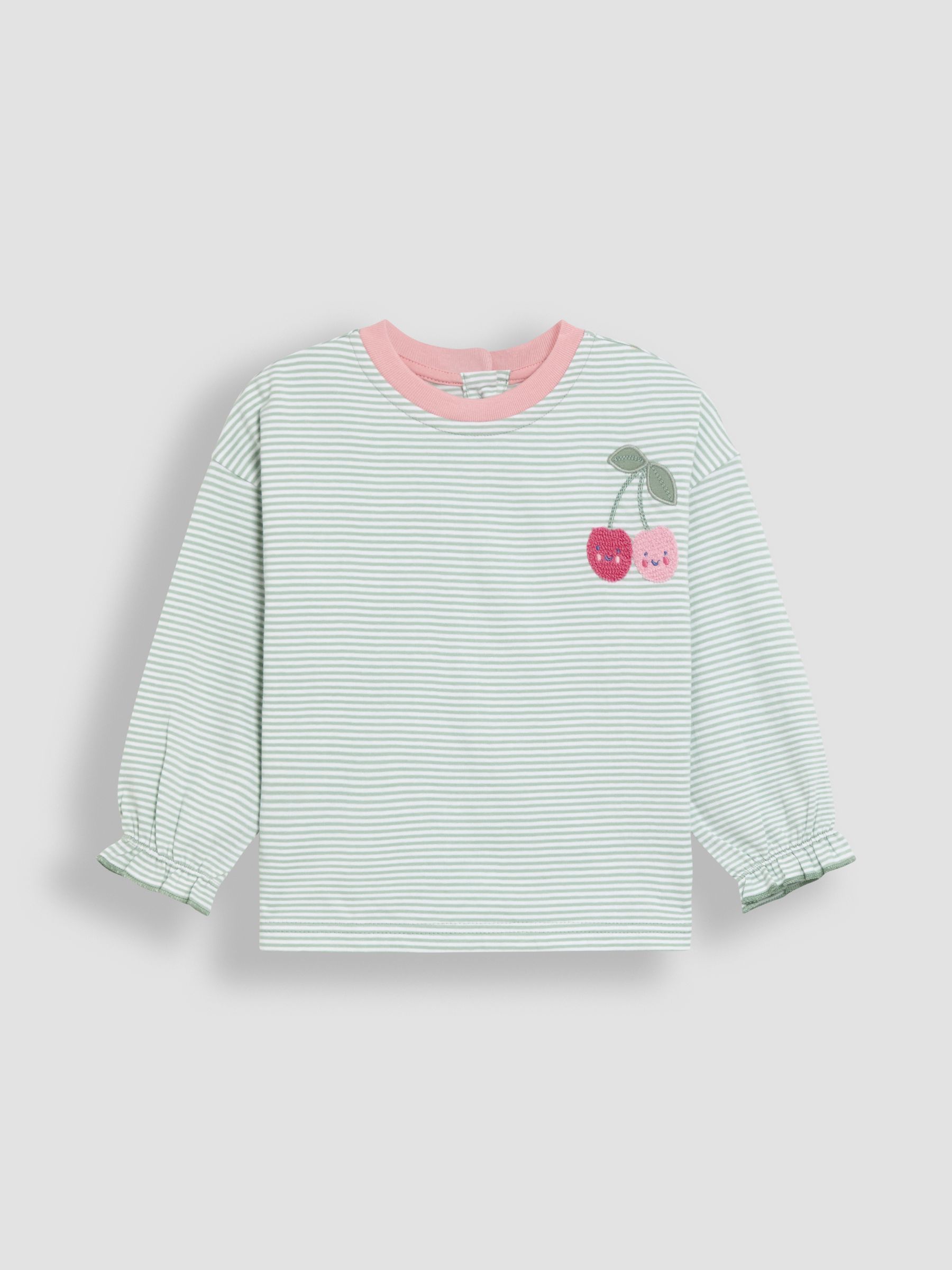Green Cherry Applique Drop Shoulder Stripe Top