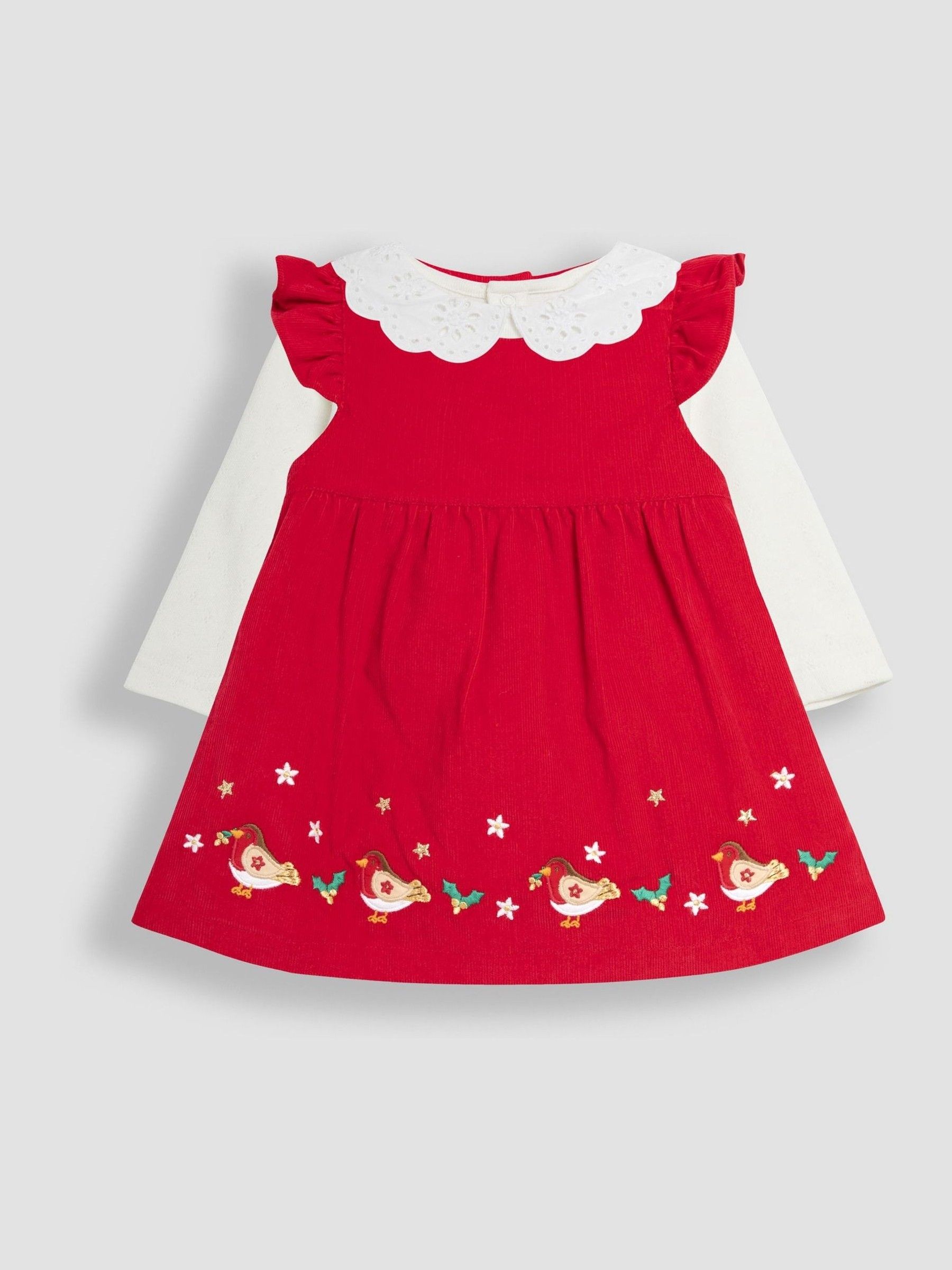 Red Baby Robin Embroidered Cord Dress and Body Set